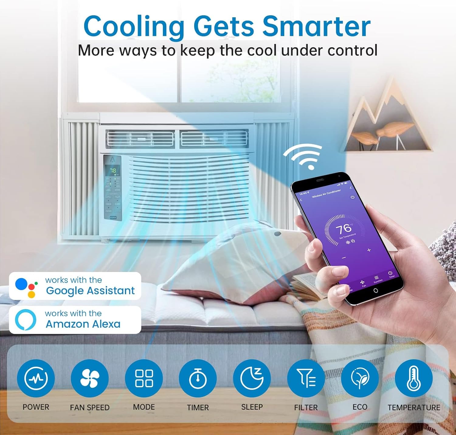 Smart Window Air Conditioner, 6000 BTU Air Conditioner Window Unit Remote/App Control and Dehumidify Function, Quiet Operation, Energy Savings, Cools 250 Sq.ft, 110-115V