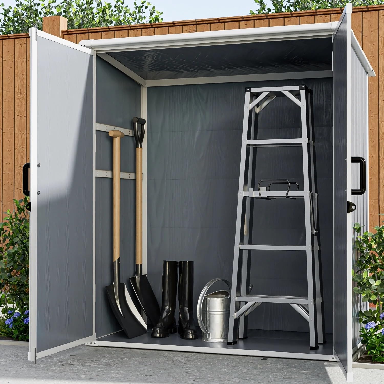 Outdoor Storage Shed, Gray Resin Cabinet, 5x3 Feet, Waterproof, UV Protected, Lockable Doors, with Free Rubber Mallet, Mounting Bolt, for Garden Tools, Patio Furniture (Gray)