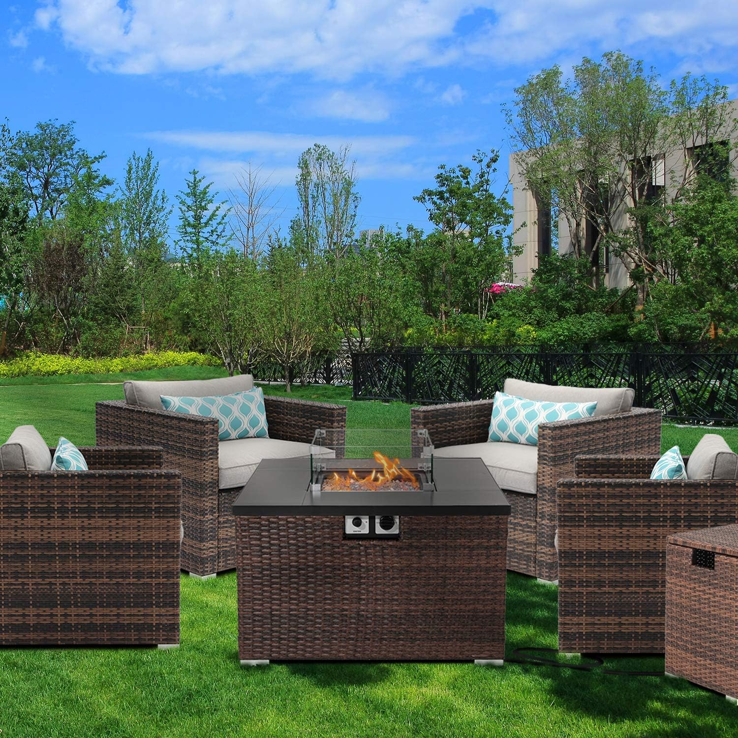 AQUILLA 6-Piece Patio Furniture, 32 inches 40000 BTU Square Wicker Fire Table w Wind Guard Glass for Garden