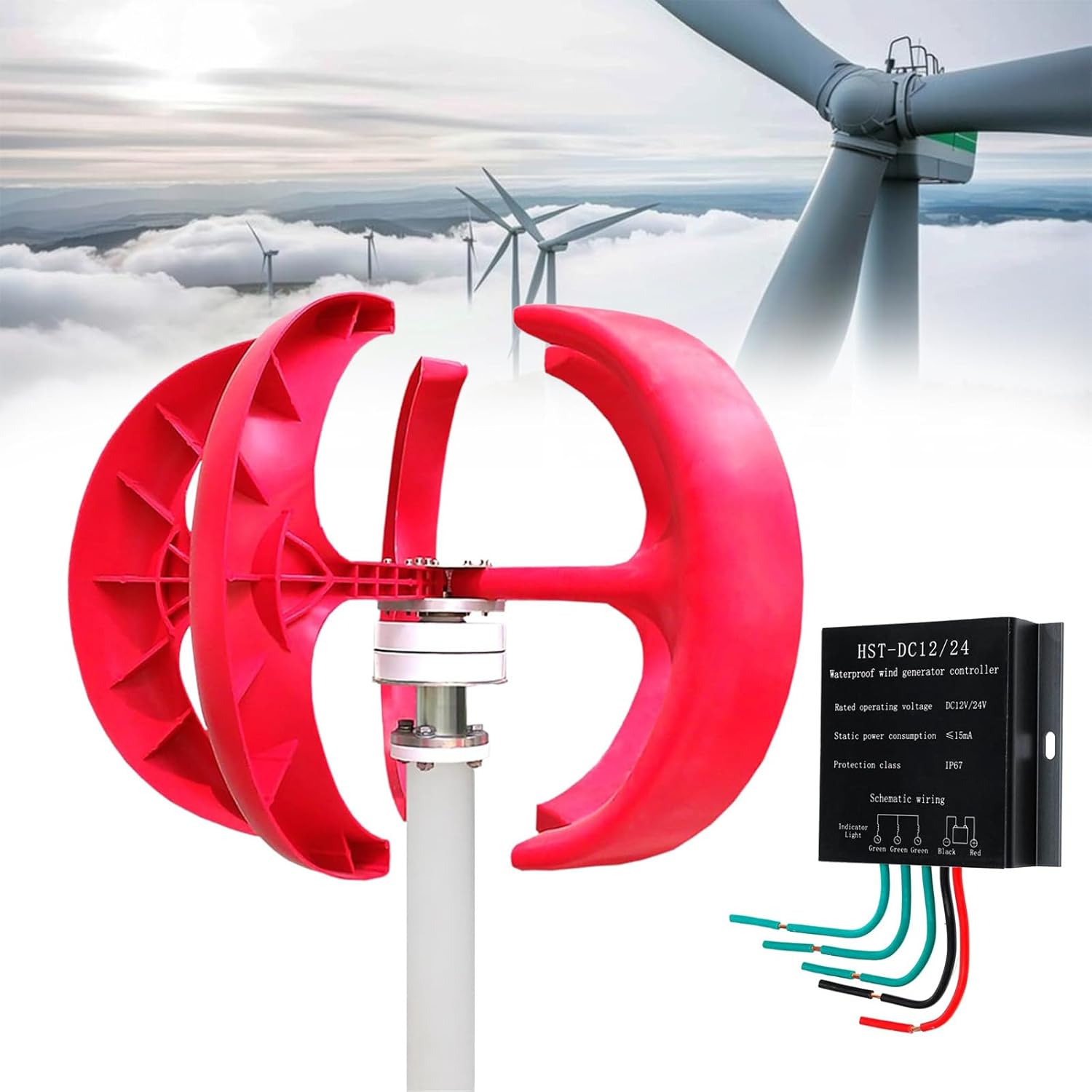 12V 24V 48V Wind Turbine Generator 12000W with Controller, 5 Blades Vertical Wind Generator Lantern Windmill Generator for Home Use,Red 12V