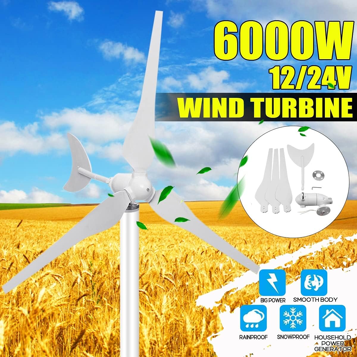 6000W Horizontal Wind Generator 12V/24V 3 Blade Wind Turbines Generator Windmill Energy Turbines Charge with Controller for Home