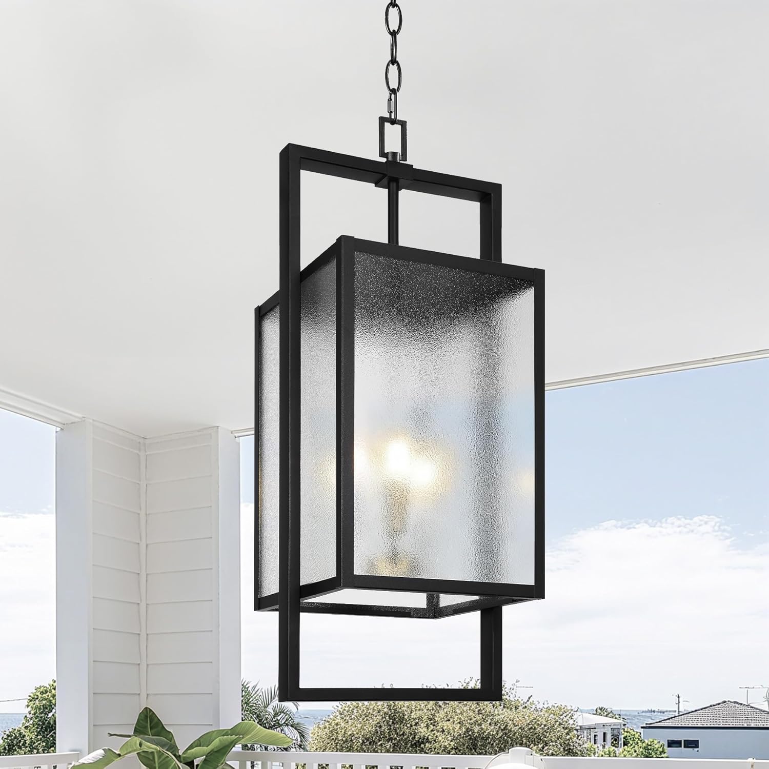 LamQee 22.8'' Modern Large Outdoor Pendant Light 3-Lights Outside Ceiling Hanging Lanterns 40W, IP44 Black and Gold Candelabra Exterior Chandelier Lighting Fixtures for Porch Front Door Entry Patio