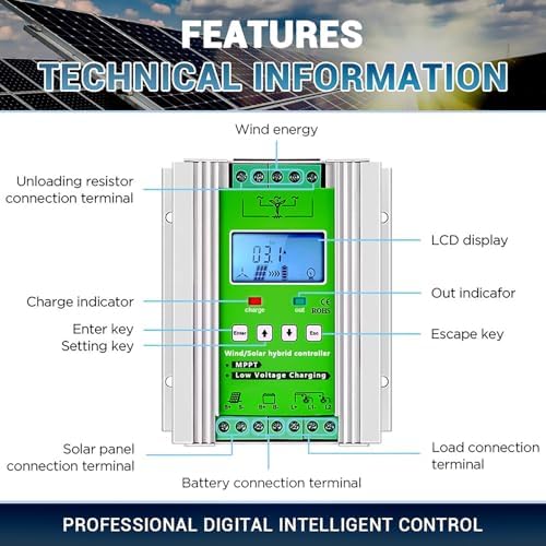 1400W Sun Hybrid Controller for PC - Wind & Solar Charge Controller with LCD Display, Free Dump Load, Compatible with 12V/24V Systems, 600W Wind + 800W Solar Energy Solutions