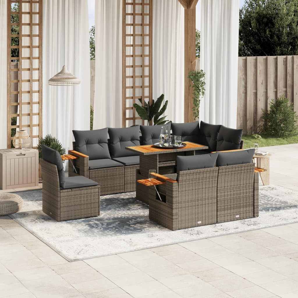 9-Piece Modular Garden Sofa Set Grey, Outdoor Patio Furniture with Acacia Wood, UV-Resistant Rattan, for Balcony & Terrace
