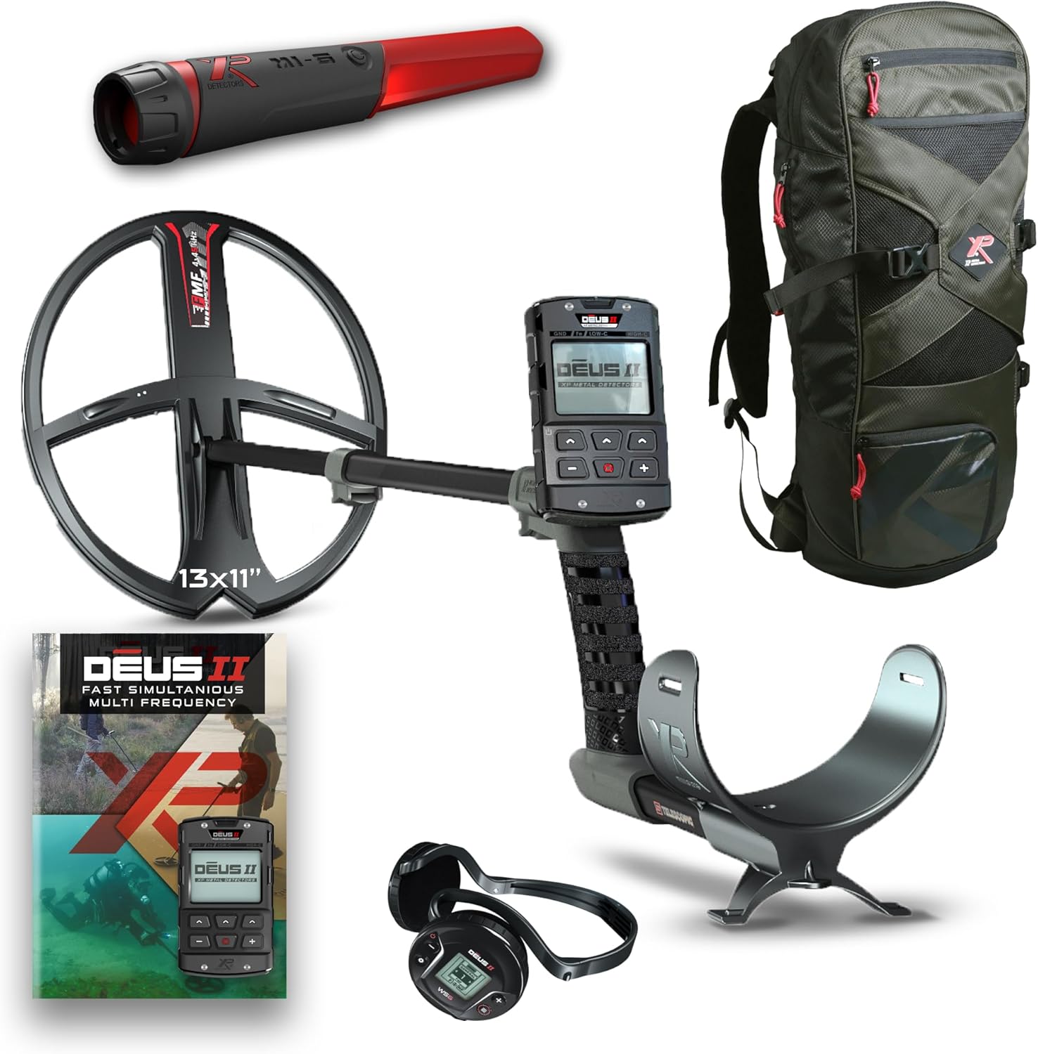XP Metal Detector Deus II Bundle with 13x11 FMF Coil, Remote Control, WS6 Wireless Headphones, MI-6 pinpointer, XP Backpack 240 - Waterproof, Multi Frequency, Ideal for Treasure & relic Hunting