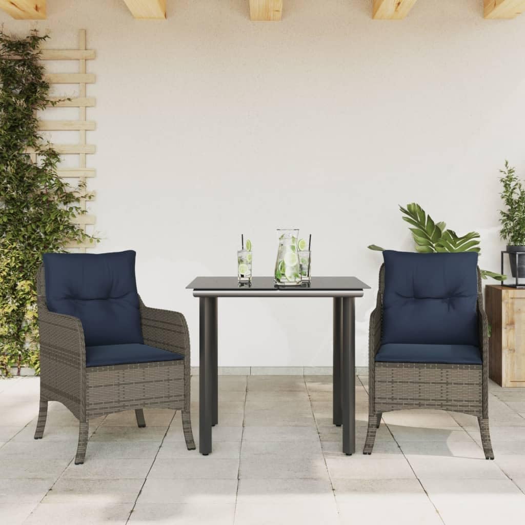 3 Piece Patio Dining Set with Cushions Gray Poly Rattan,Stylish Patio Dining Set with Durable PE Rattan and Comfortable Cushions Furniture Sets for Patio, Lawn & Garden