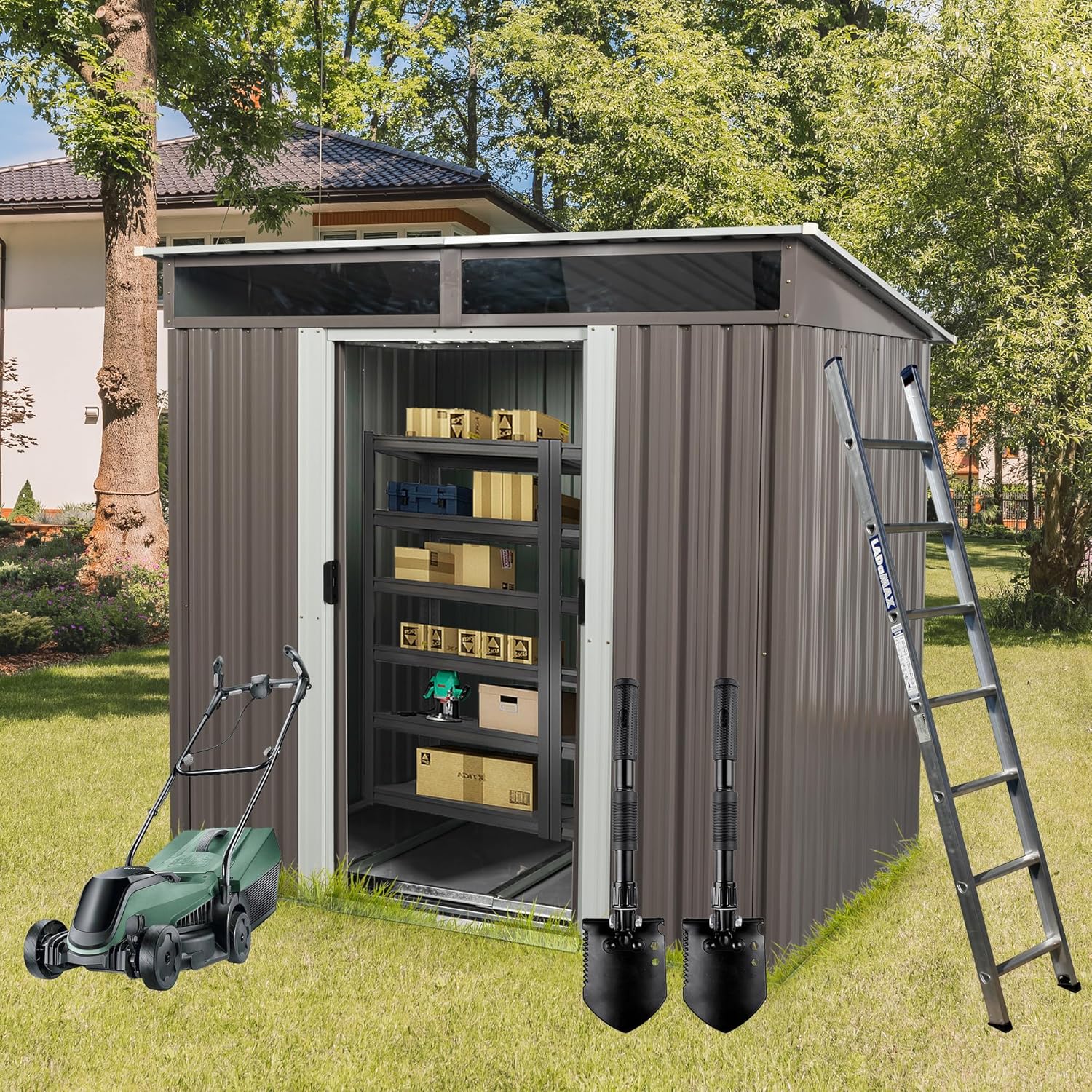 6Ft x 5Ft Outdoor Metal Storage Shed, Weatherproof Garden Shed with Double Sliding Doors and Padlock, Transparent Plate, Punched Vents, Utility Tool House for Lawn Backyard, Gray