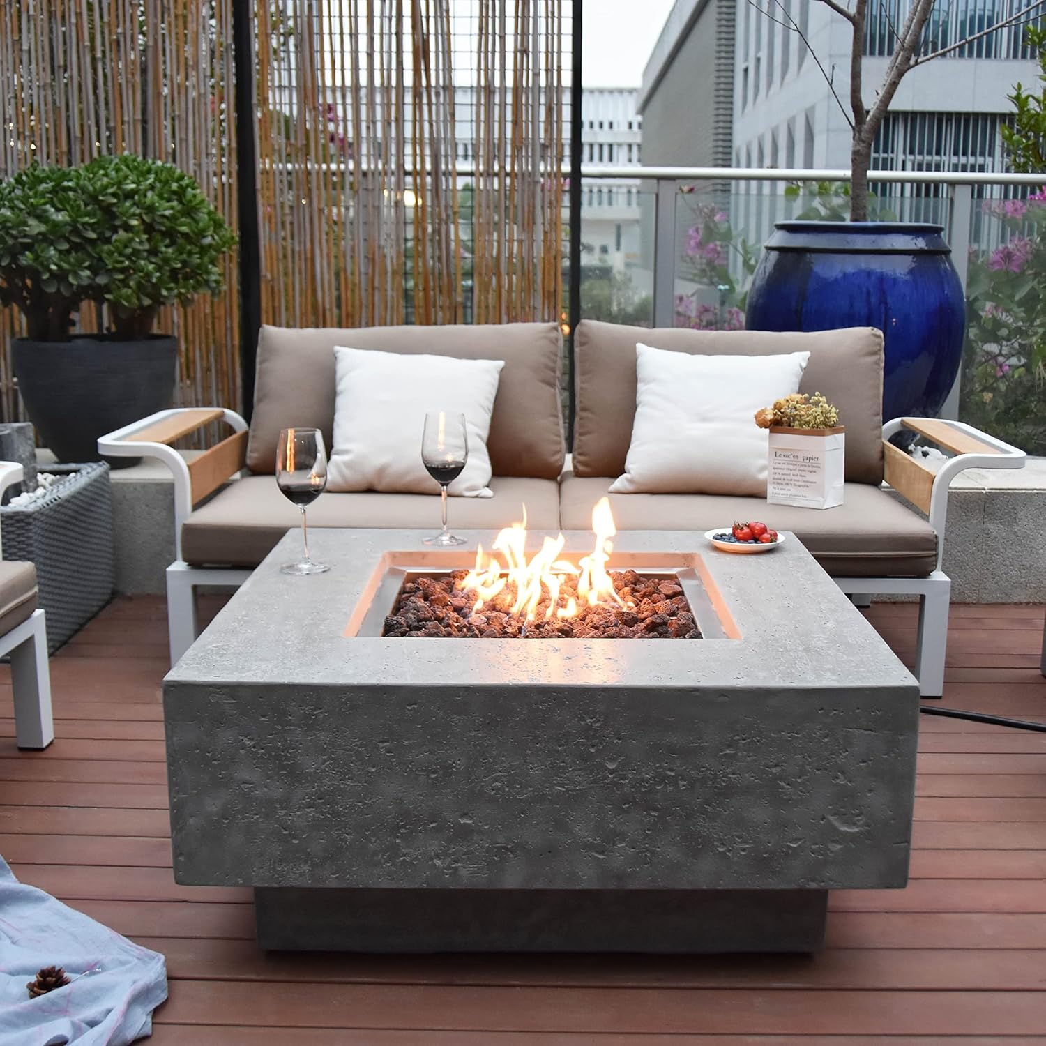 Elementi Manhattan Outdoor Gas Firepit Table 36 Inches Natural Gas Fire Pit Patio Heater Concrete High Floor Clearance Firepits Outside Electronic Ignition Backyard Fireplace Cover Lava Rock Included