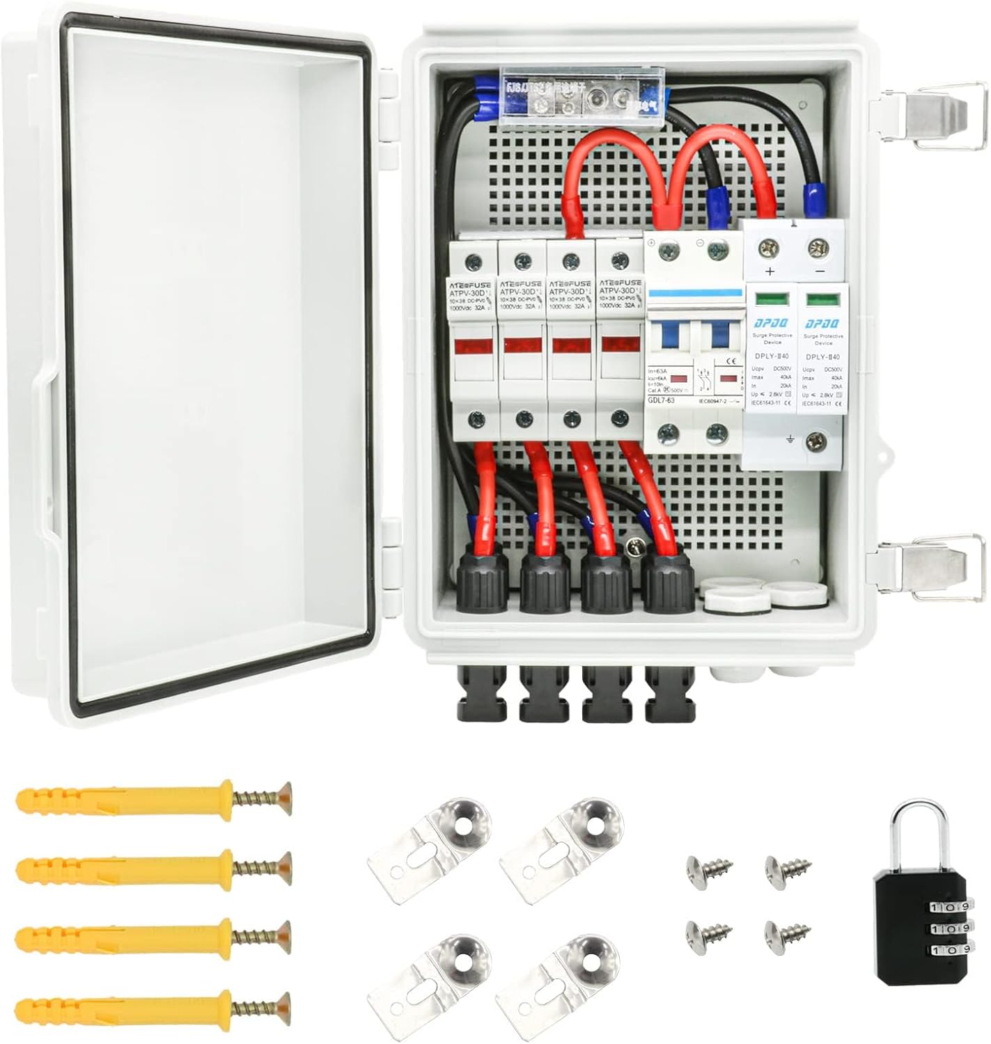 4 String Solar Combiner Box, IP65 Waterproof PV Combiner Box for On/Off Grid Solar System,with Lightning Arrester, 15A Rated Current Fuse & 63A Circuit Breaker(Plastic)