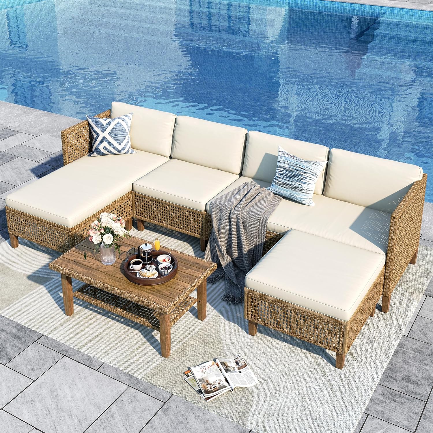 Sophia and William 5-Piece Wicker Patio Furniture Set, L-Shaped Outdoor Sectional Sofas with Ottoman and Acacia Wood Coffee Table, Rattan Conversation Set wtih Cushions, Beige