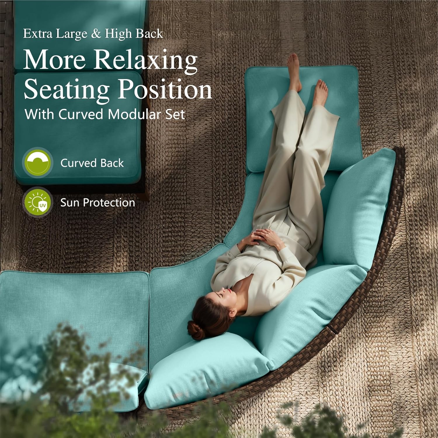 Sophia & William Patio Furniture Set with Fire Pit Table, 11 Piece Half Moon Outdoor Wicker Sectional Sofa Set, Curved Rattan Conversation Set with 56-Inch Fire Pit Table(Aqua Blue)