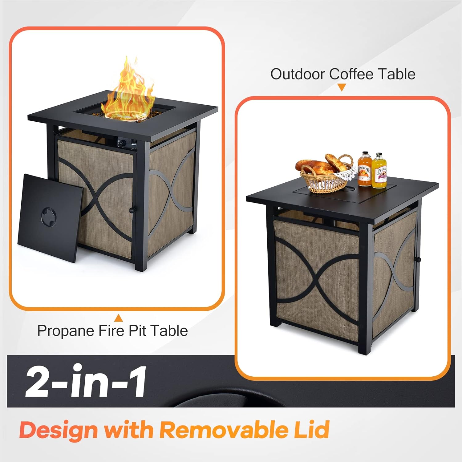 DORTALA 25'' Gas Fire Pit Table, 40,000 BTU Propane Fire Pit Table w/CSA Certification,Square Fire Table with Lid, Fire Glass and Adjustable Flame, Firepit for Patio Deck Backyard, Black & Natural