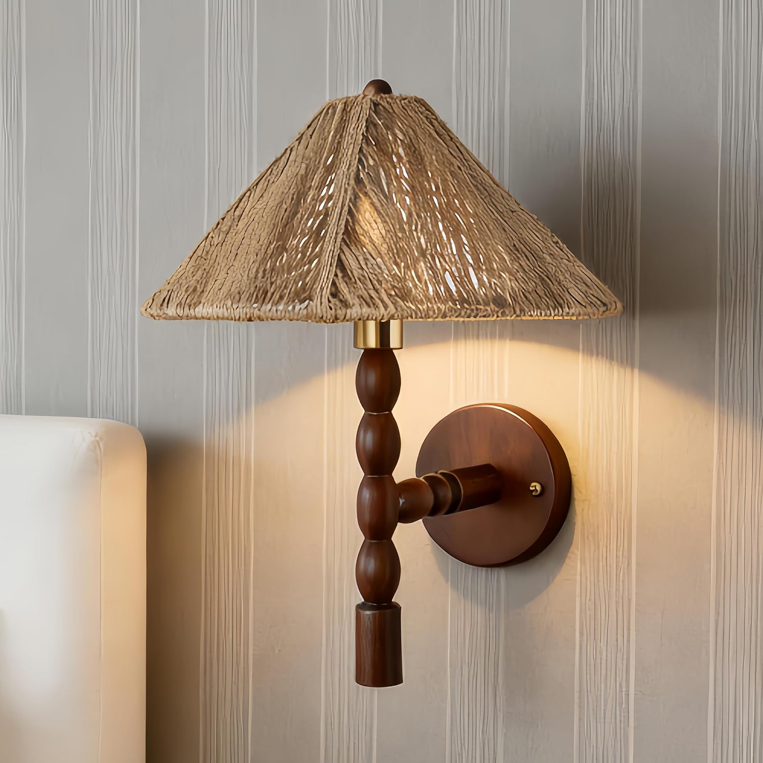 Modern Design Sconce Wall Light, Handwoven Jute and Walnut Wall Sconce Light, Wall Sconce with Beaded Arm, Tapered Shade and Brass Accents, Wall Mounted Light for Living Room, Kitchen, Bedroom
