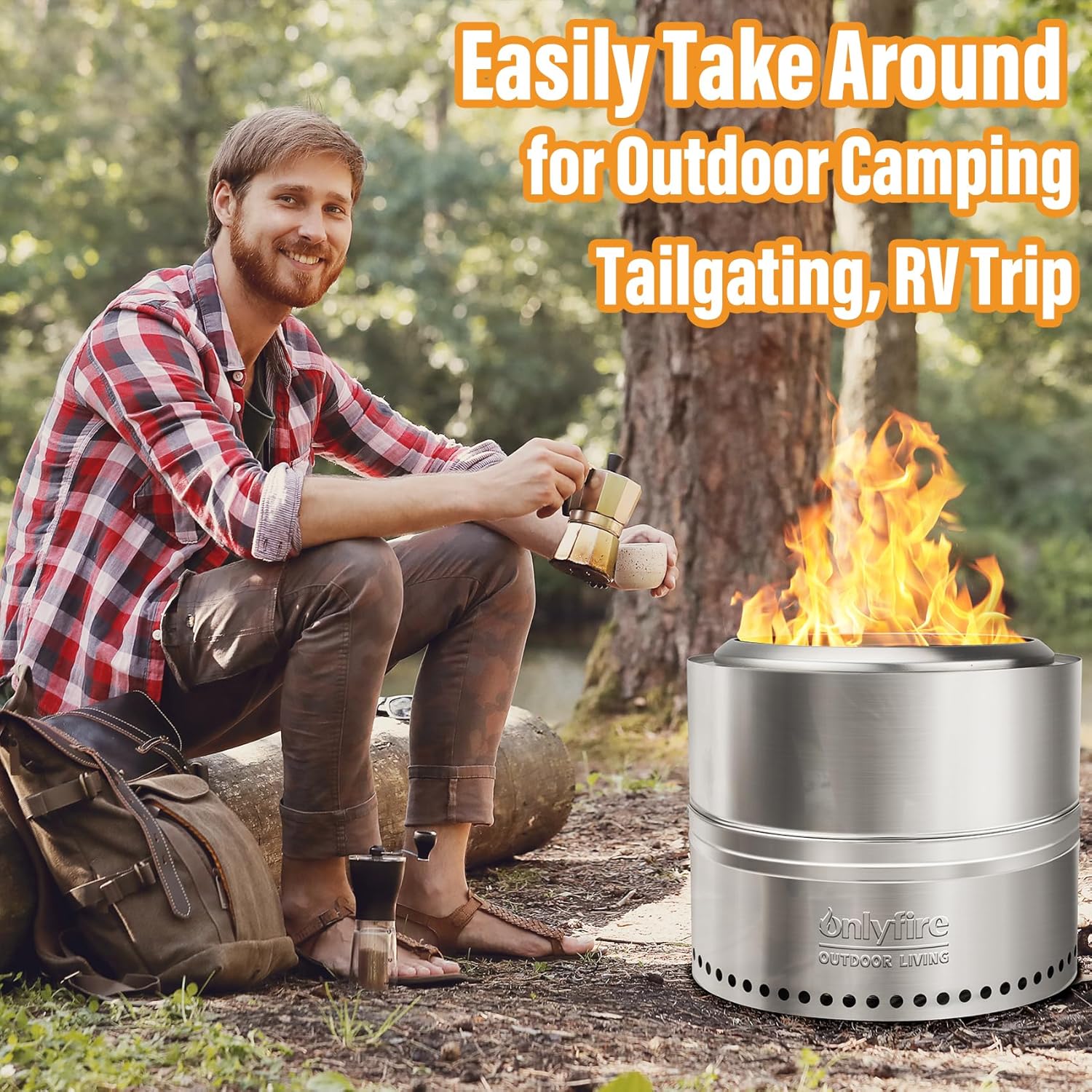 ONLYFIRE OUTDOOR LIVING Wood Burning Fire Pit with Carrying Bag, 19.5” Detachable Portable Firepit for Camping Tailgating Patio Backyard Bonfire, Smokeless Fireplace, Stainless Steel FP036