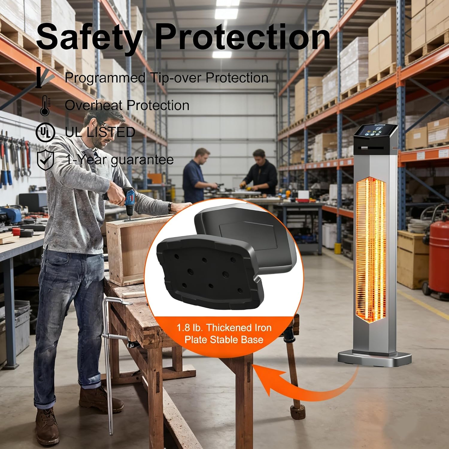 Outdoor Heaters for Patio,1500W Electric Infrared Radiant Heater with Remote,37” Portable Tower Space Heater with 12H Timer,Tip-over Protection for Garage,Porch,Indoor,Silver