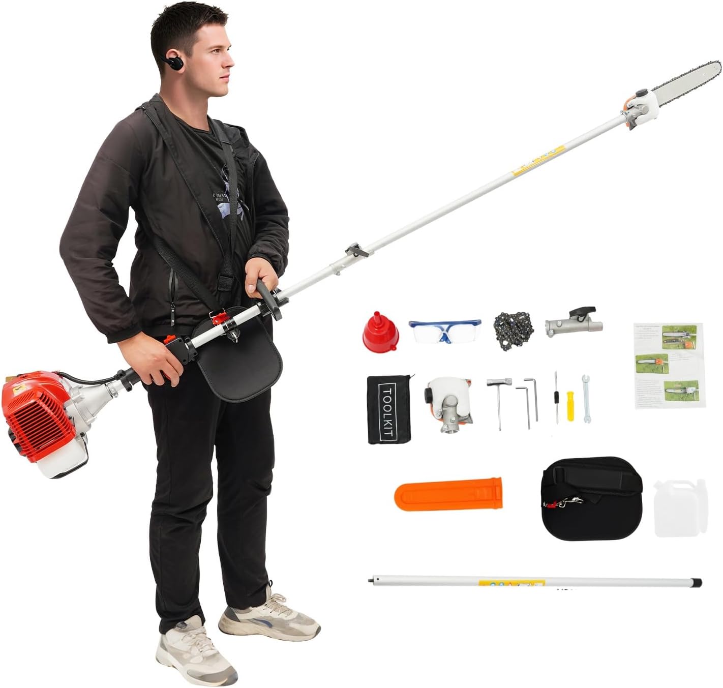Gas Powered Pole Saw, 43cc 2-Stroke Gas Pole Saws, Cordless Tree Trimmer, 7.9 to 11.5 ft Extendable Long Powerful Chainsaw with Rotatable Head & 12 inch Cutting Bar for Tree Trimming Pruning