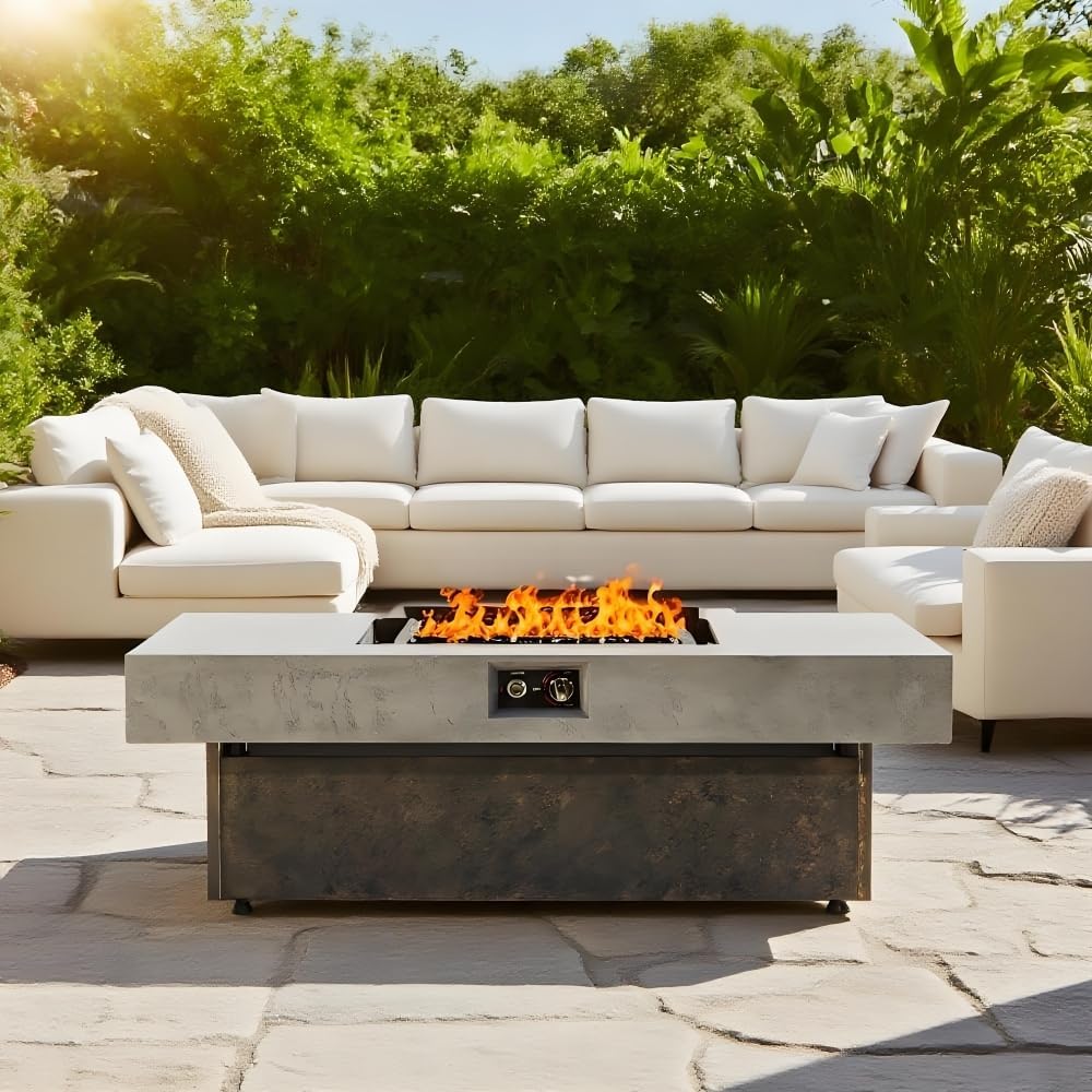 Outdoor Propane Fire Pit Table with 50000 BTU Heat, Rectangular Gas Firepit for Patio, Backyard or Balcony, Adjustable Height Design