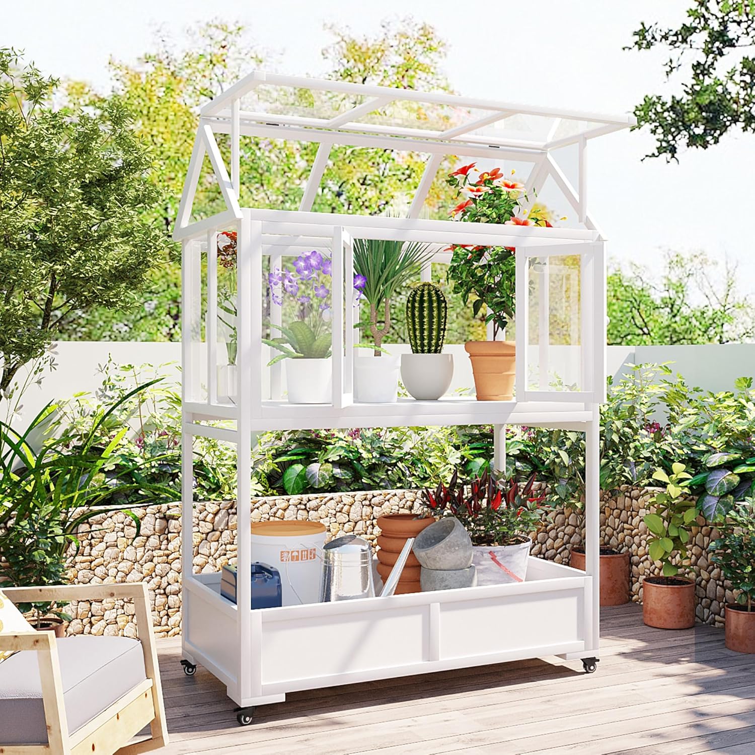 Garden Wood Portable Cold Frame with Movable Wheels Mini Greenhouse with Openable Roof and Storage Box, Raised Bed with Liner for Indoor Outdoor Use (White Style 5)