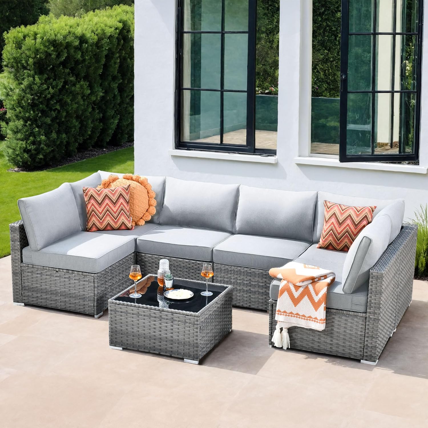 7 Pieces Patio Coversation Set, Outdoor Furniture Modular Couch with Coffee Table, Rattan Wicker Sectional Sofa for Porch Balcony Backyard, Blue