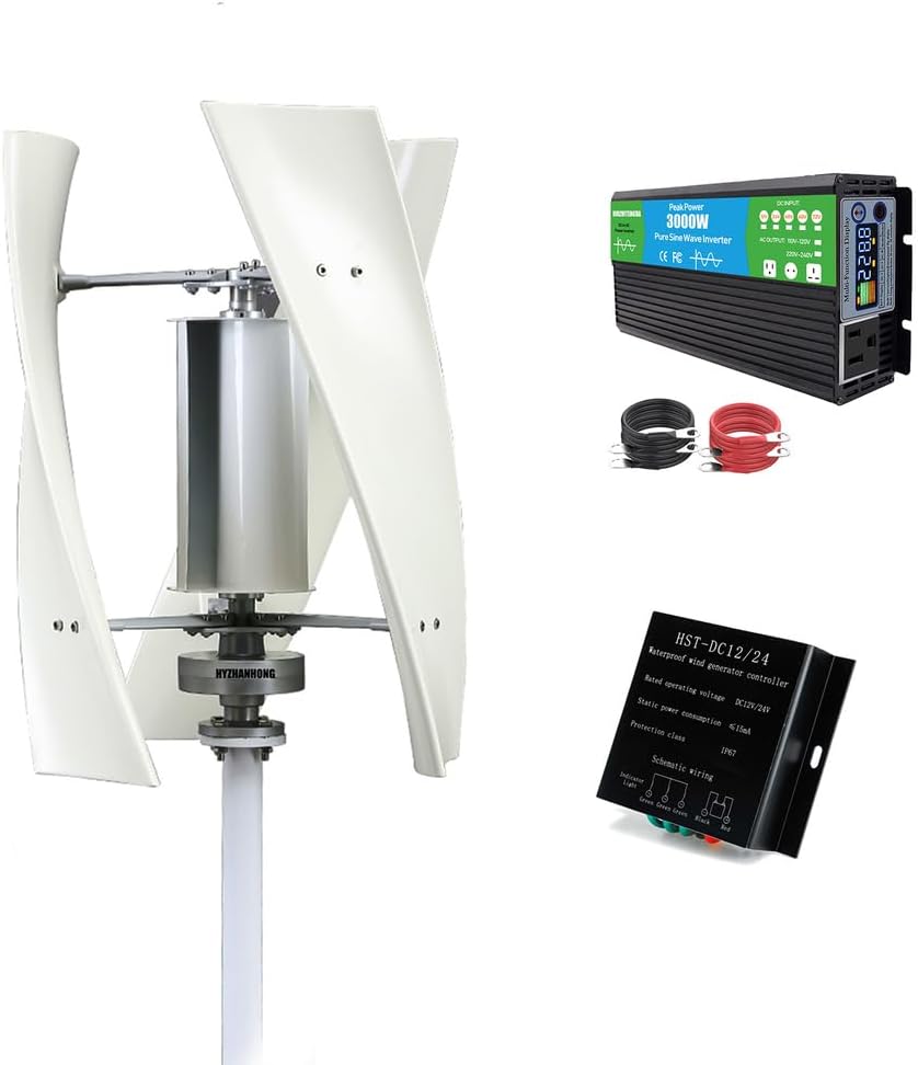 48v,HYZHANHONG Generator 3 Blades Motor Kit Windmill Energy Charge Turbines for Home Camping,12000W 12V 24V Vertical Axis Wind Turbines(With 3000W Inverter)