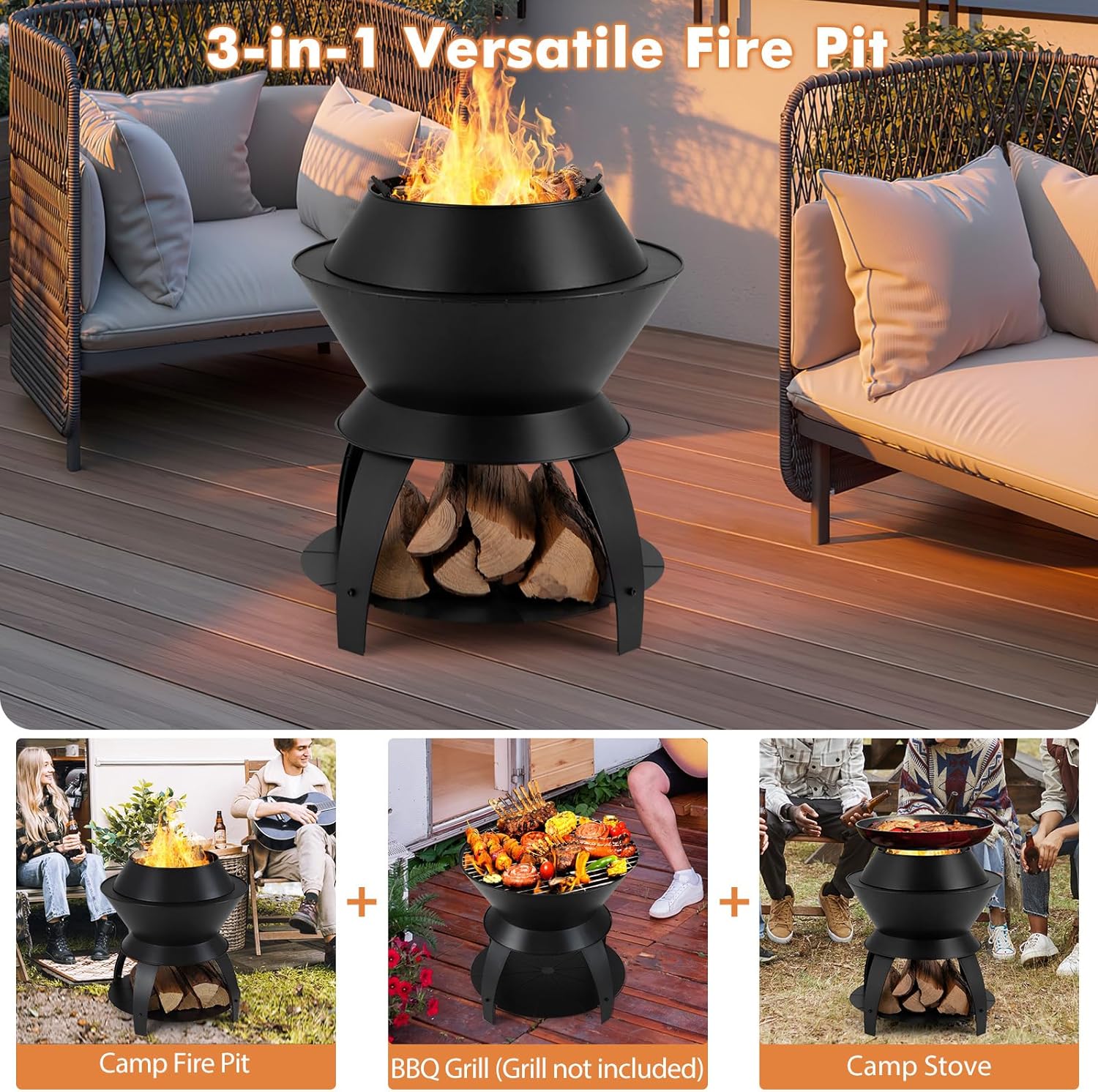 Tangkula Outdoor Fire Pit, 20 Inch Metal Fire Bowl with Pot Holder & Storage Shelf, Oxygen-Enriched Burning, 3-in-1 Wood Buring Firepit Fireplace for Patio, Camping, BBQ, Backyard