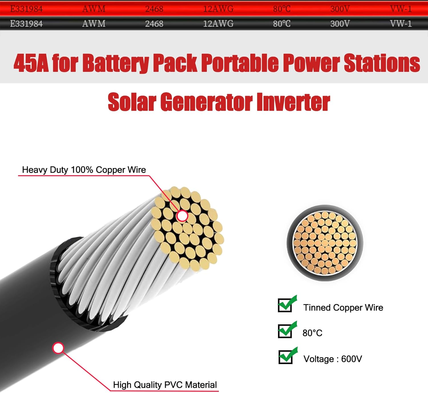 12AWG 50FT Solar to ADS Adapter Charge Cable for Solar Generator,Solar Charge Controller and Portable Power Stations (12AWG 50FT Horizontal)