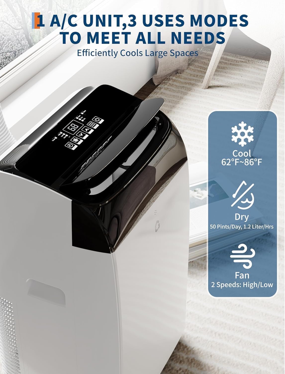 8,500 BTU Portable Air Conditioner – 3-in-1 Cooling, Dehumidifier & Fan for Rooms Up to 350 sq.ft. Quiet Energy-Saving Sleep Mode, 24-Hour Timer, Remote & Overheat Protection – Includes AC Window Unit