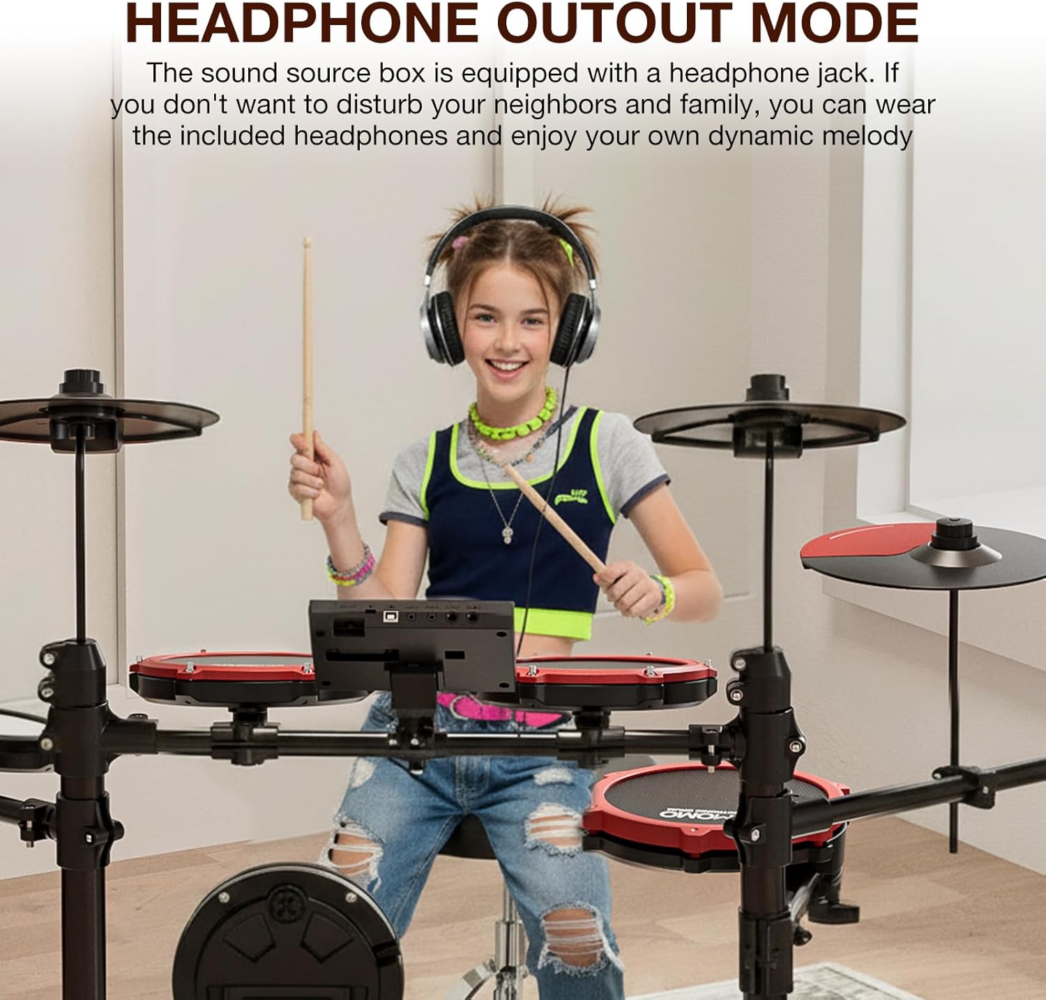 UMOMO UMD-771 Electric Drum Set, Electronic Drum Set With Mesh Electric Drum Pads, 225 Sounds, Drum Sticks, Headphones & Audio Cables, Stable Steel Frame, 15 Drum Kits, for Beginner, Red & Black