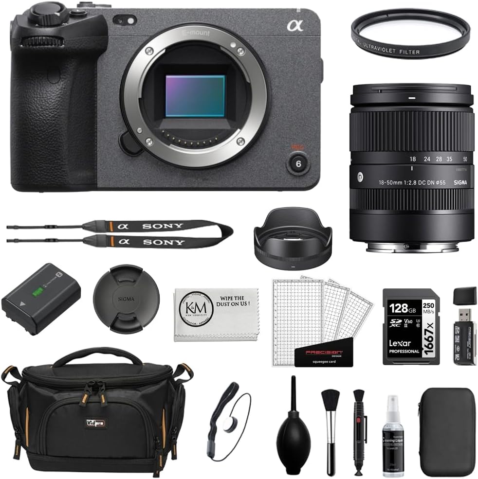 Sony FX30 Digital Cinema Camera Bundle with Sigma 18-50mm f/2.8 DC DN Contemporary Lens + UV Filter + 128GB Card + Cap Keeper + Memory Card Reader + Camera Bag + Cleaning Kit + Cloth (10 Items)