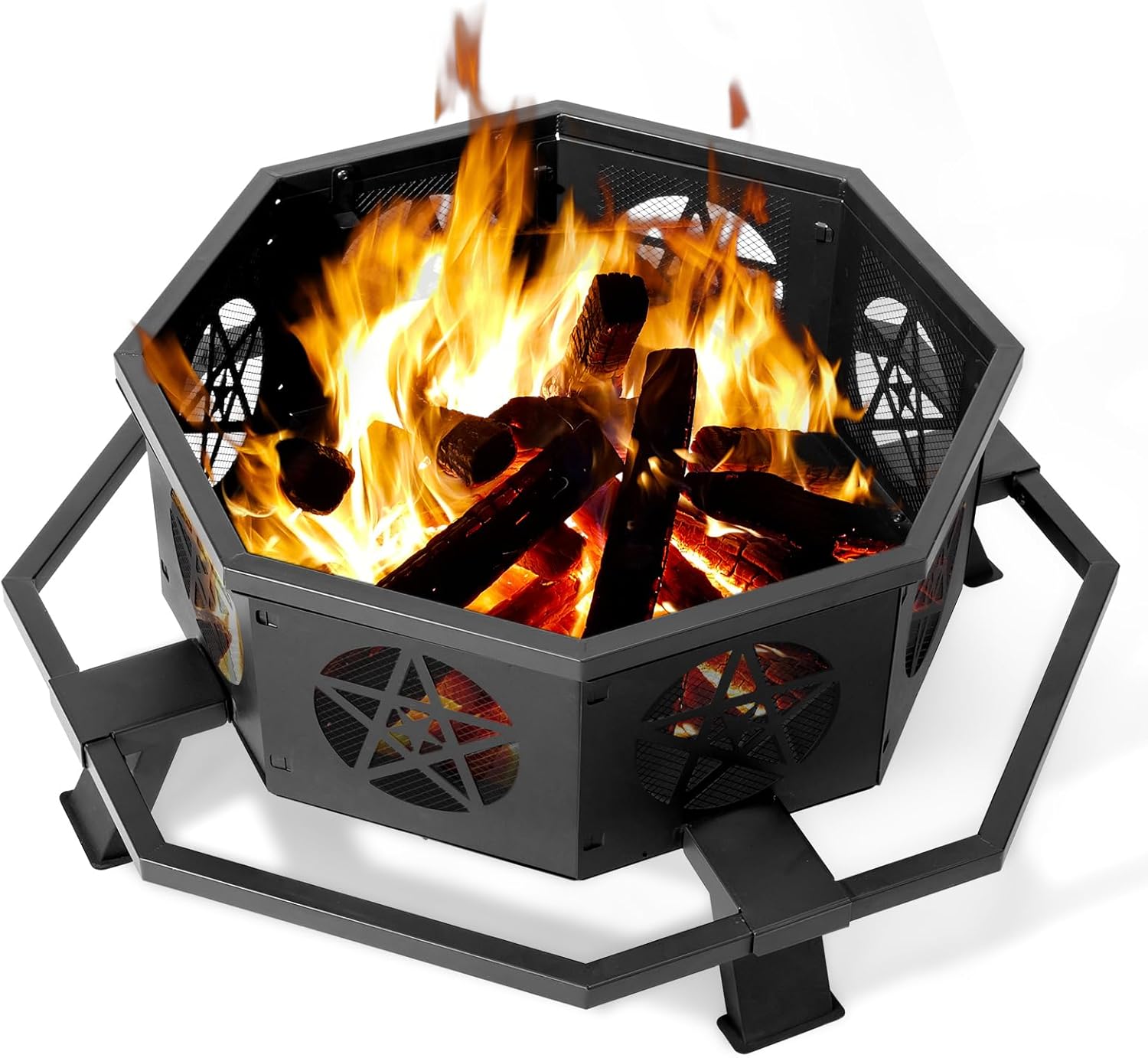 43 inch Fire Pit, Outdoor Octagonal Firepit, Heavy Duty Wood Burning Fire Pits with Star Ventilation Mesh, Outdoor Heating and Grilling, for Bonfire, Backyard, Camping, Patio, Picnic (Black, 43in)