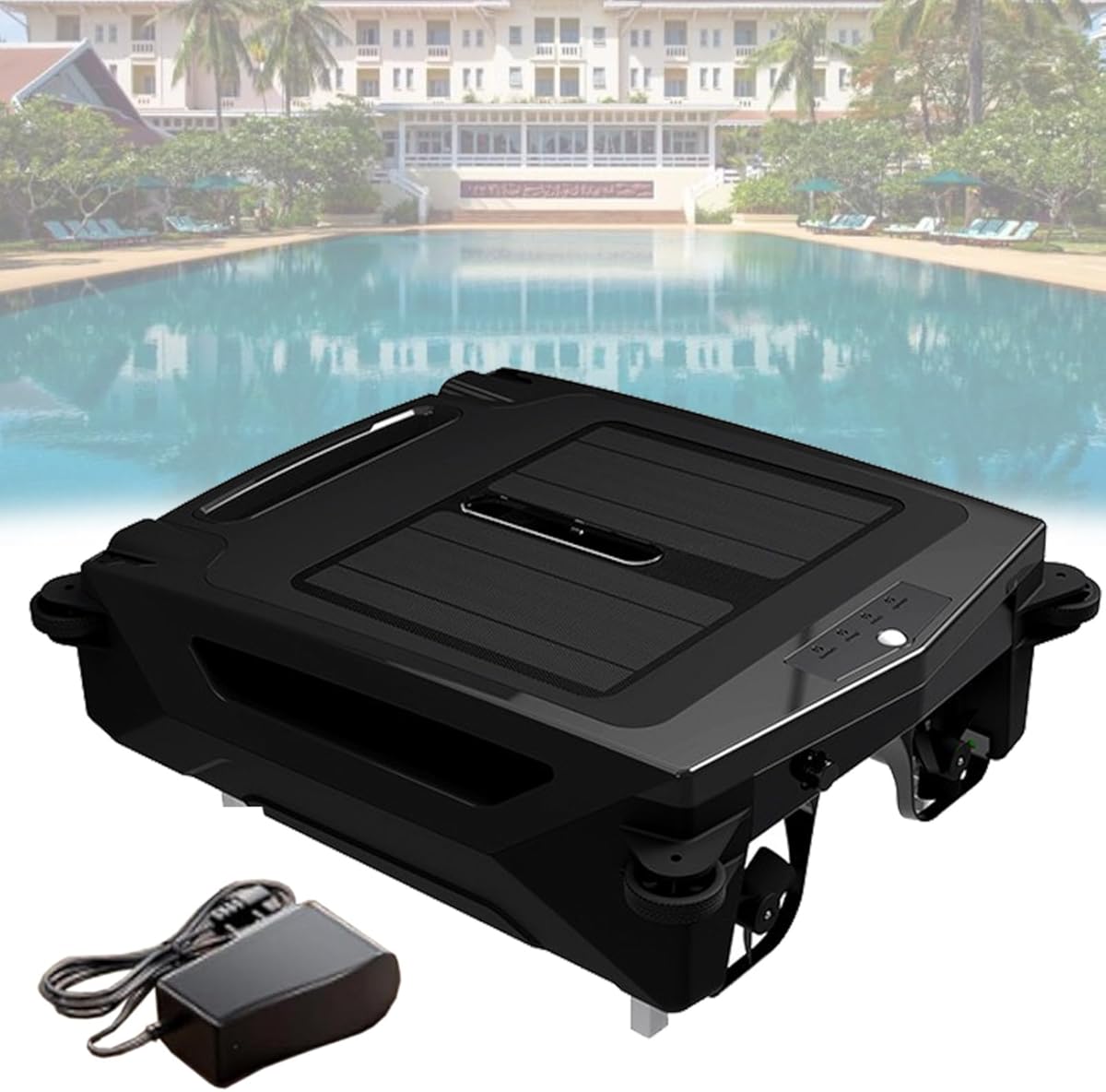 Cordless Pool Vacuum Robot, Solar Powered Automatic Robotic Pool Sur face Skimmer Cleaner with Dual Charging Mode ＆ Smart Obstacle Avoidance for All Swimming Pool