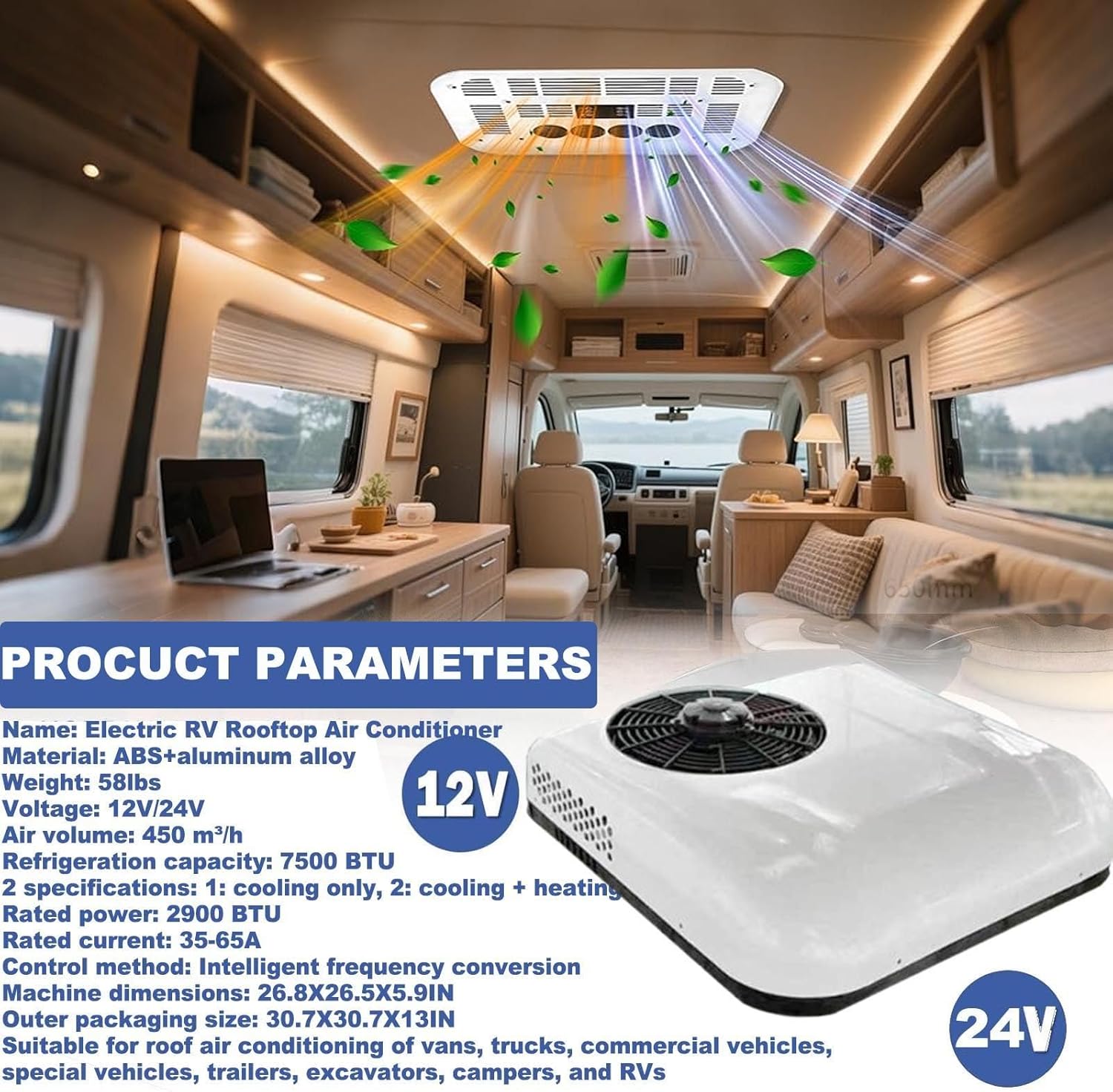 Dc 12v/24v Rv Rooftop Air Conditioner-Only Cooling/Cooling+Heating,850w Motorhome Electric Parking Air Conditioning Fit For Camper Van Truck Excavator Off-Road Vehicle Suv Bus ,WhiteCool+Heat24v