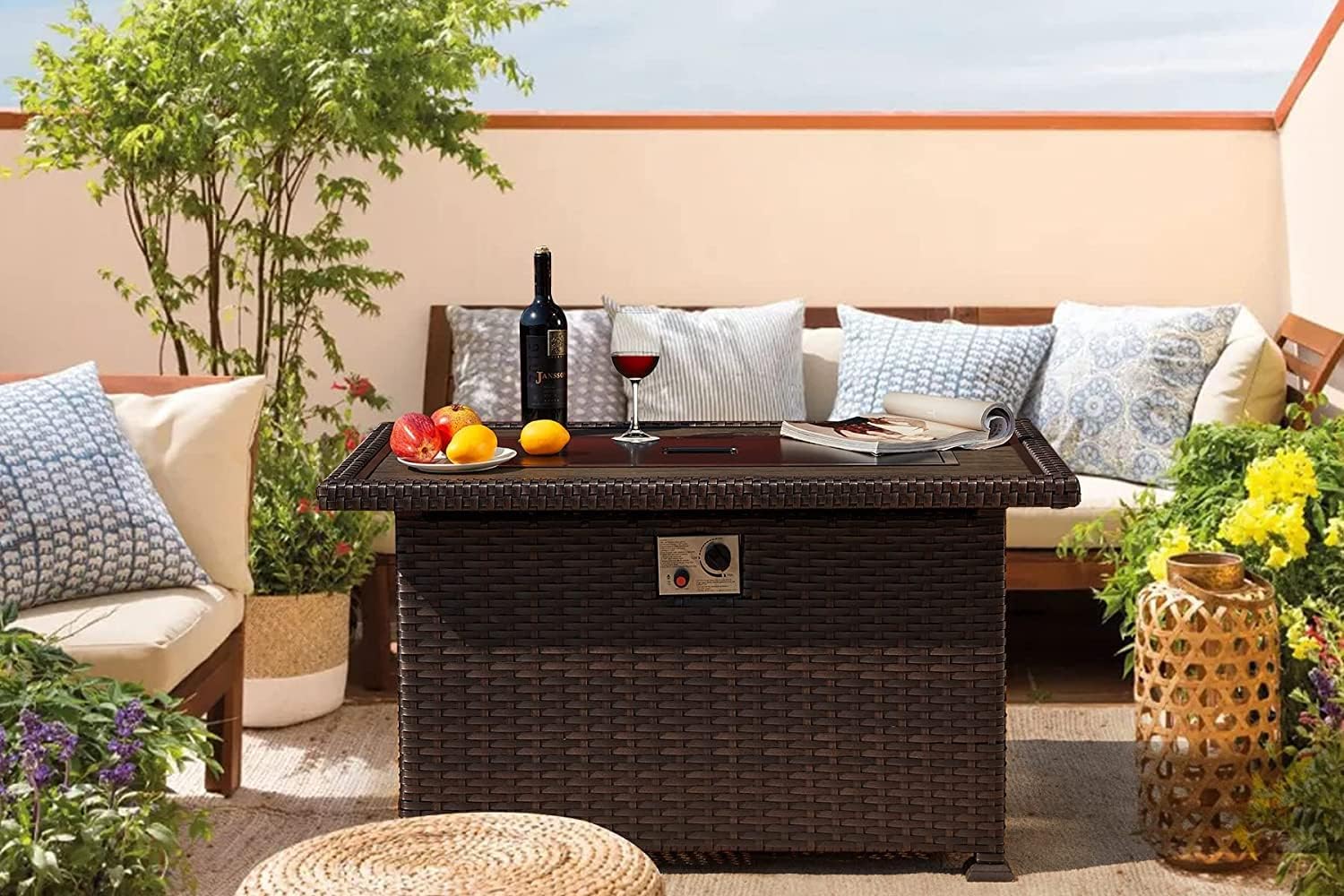 HOMREST Propane Fire Pit Table, Gas Fire Pits for Outside, 44 Inch 50,000 BTU Smokeless Firepit for Outdoor Patio, CSA Approved, Auto-Ignition Adjustable Flame, with Lid, Waterproof Cover, Glass Beads