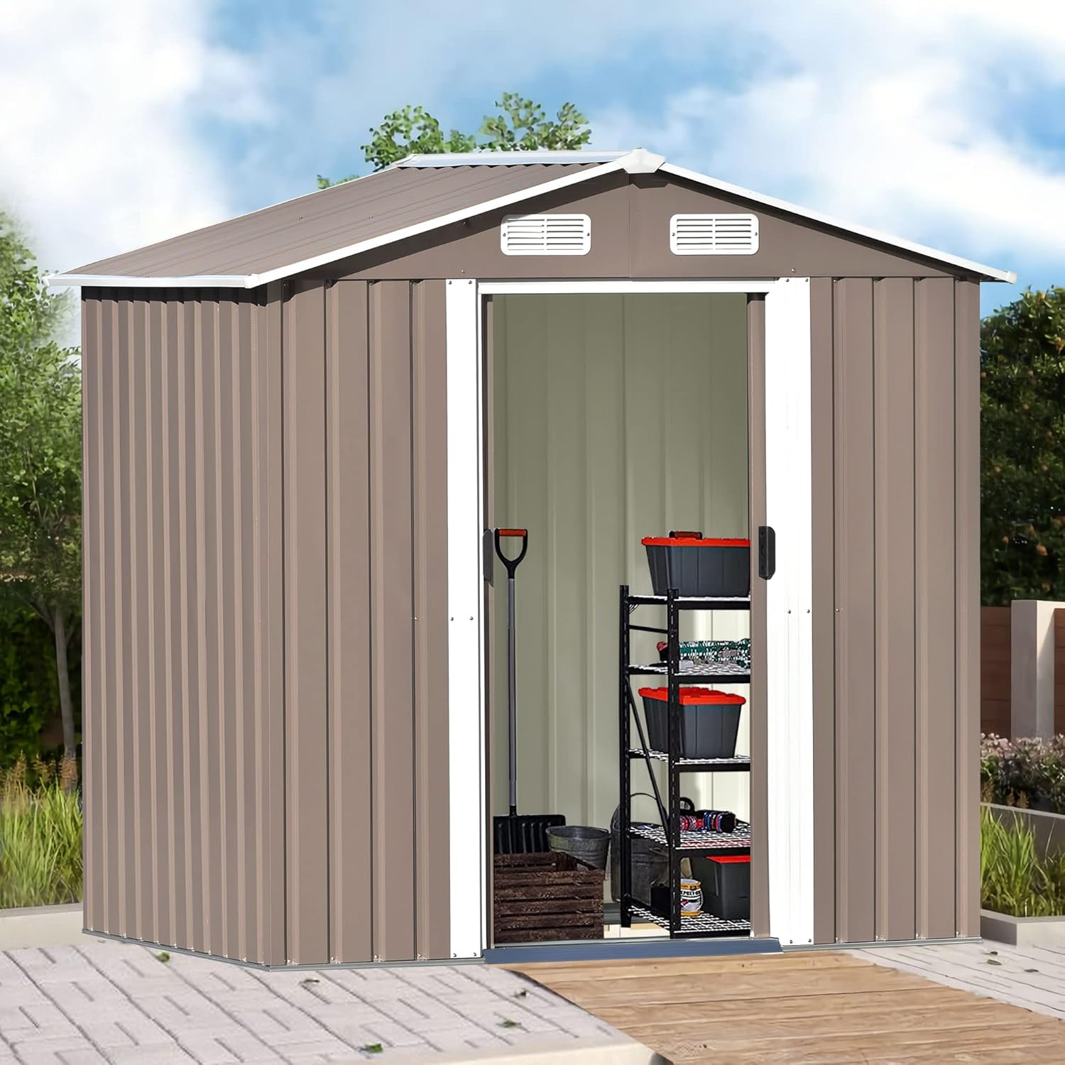 6x4 Ft Outdoor Storage Shed, Metal Bike Shed Garden Shed with Vents/Lockable Door/Lean Roof, Tool Cabinet for Backyard, Lawn, Garden (Brown+Bike)