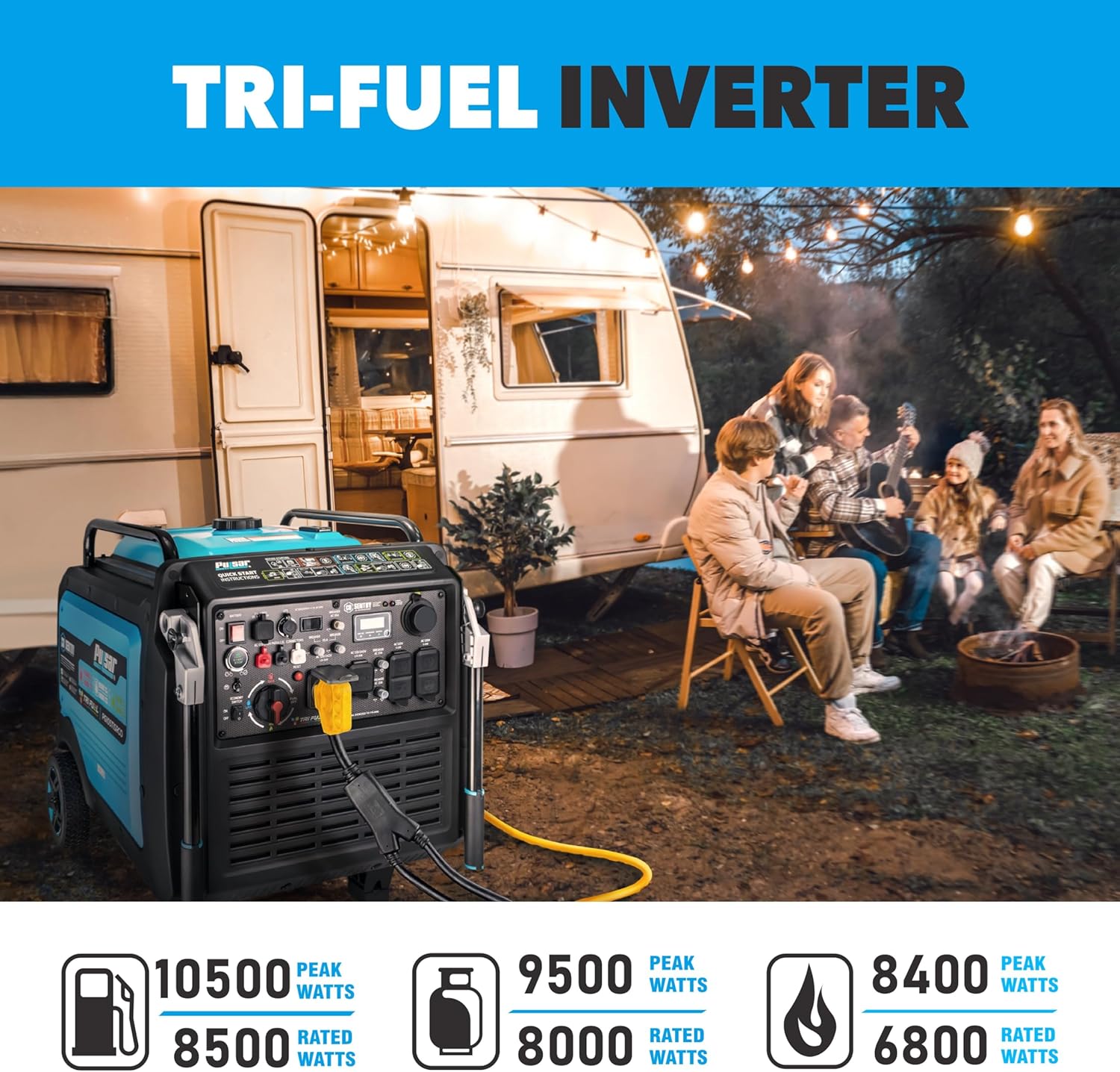 Pulsar 10,500 Watt Gasoline, Propane, and Natural Gas Tri-Fuel Portable Inverter Generator with Remote Start