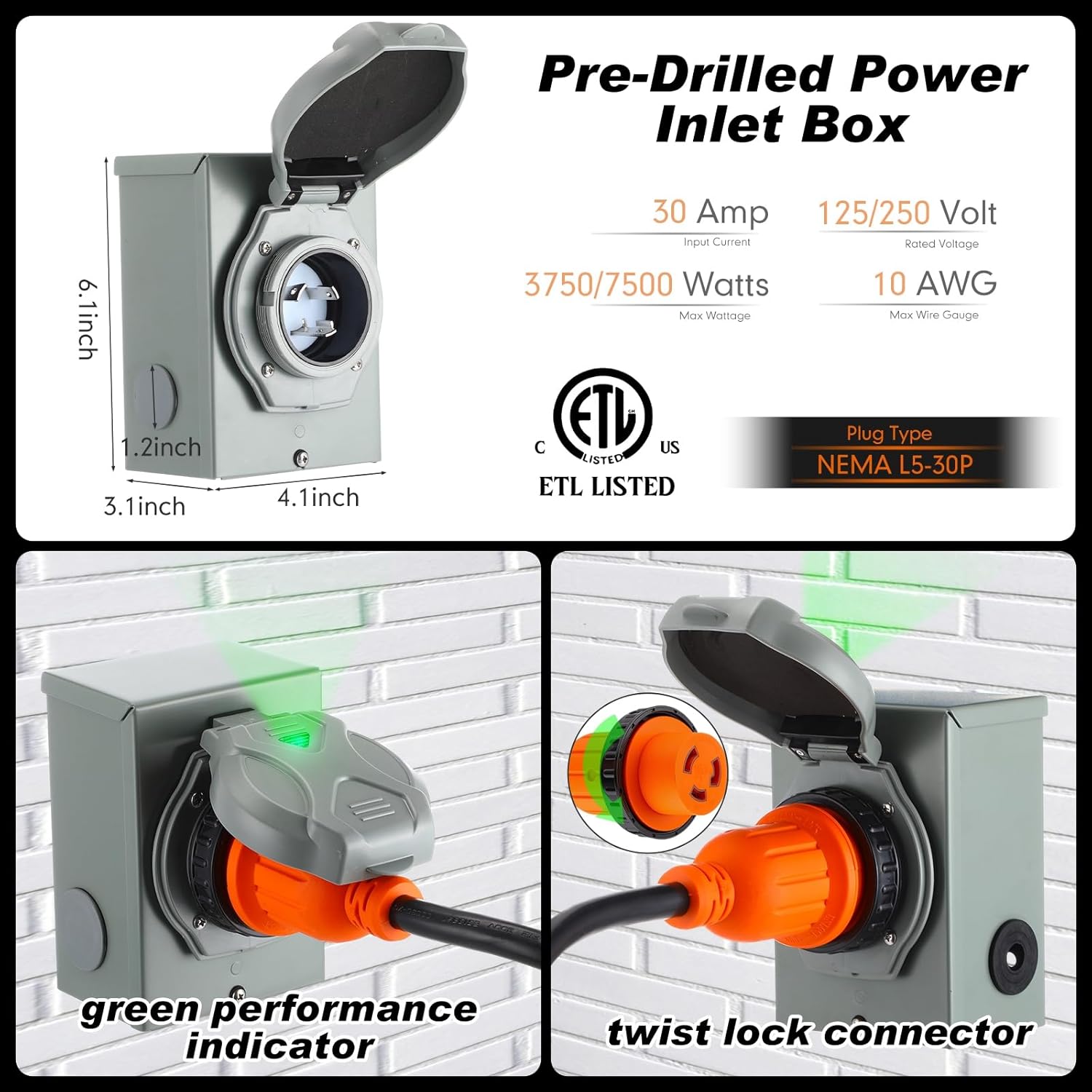 Kanayu 20 ft 30 Amp Generator Rv Extension Cord and Pre-drilled Power Inlet L5-30p/l5-30r Generator Interlock Kit 3 Prong Compatible with Nema 125v/250v 10 Gauge for Home Backup, Etl Listed