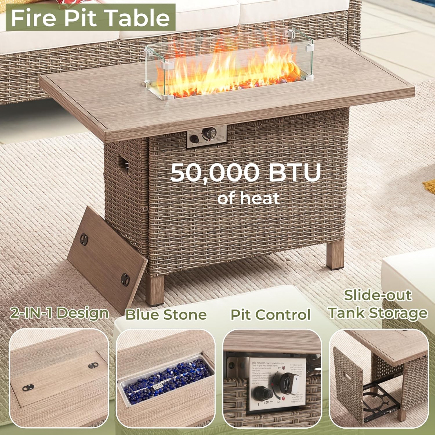 Fire Tables, Outdoor Fireplaces, 50,000 BTU Steel Gas Fire Pit Table with Lid, Glass Wind Guard and Blue Rock, Rectangle Rattan Coffee Table for Patio Deck Garden, CSA Certified