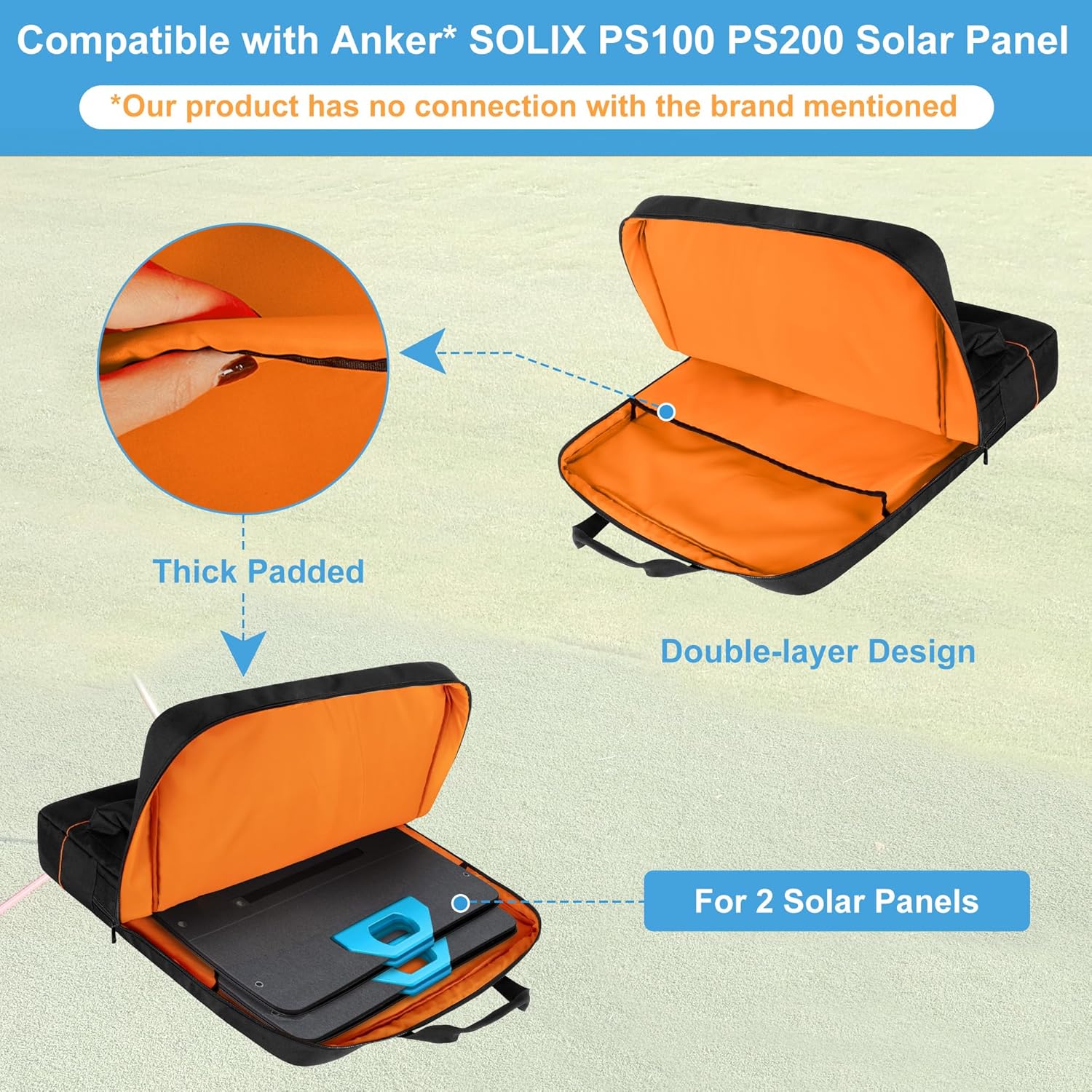 Solar Panel Bag, Carrying Case Compatible with Anker SOLIX PS30 PS100 PS200, Double-layer Storage Carrier for 2 Panels, Protective Travel Organizer with Multi Pockets & Shoulder Strap
