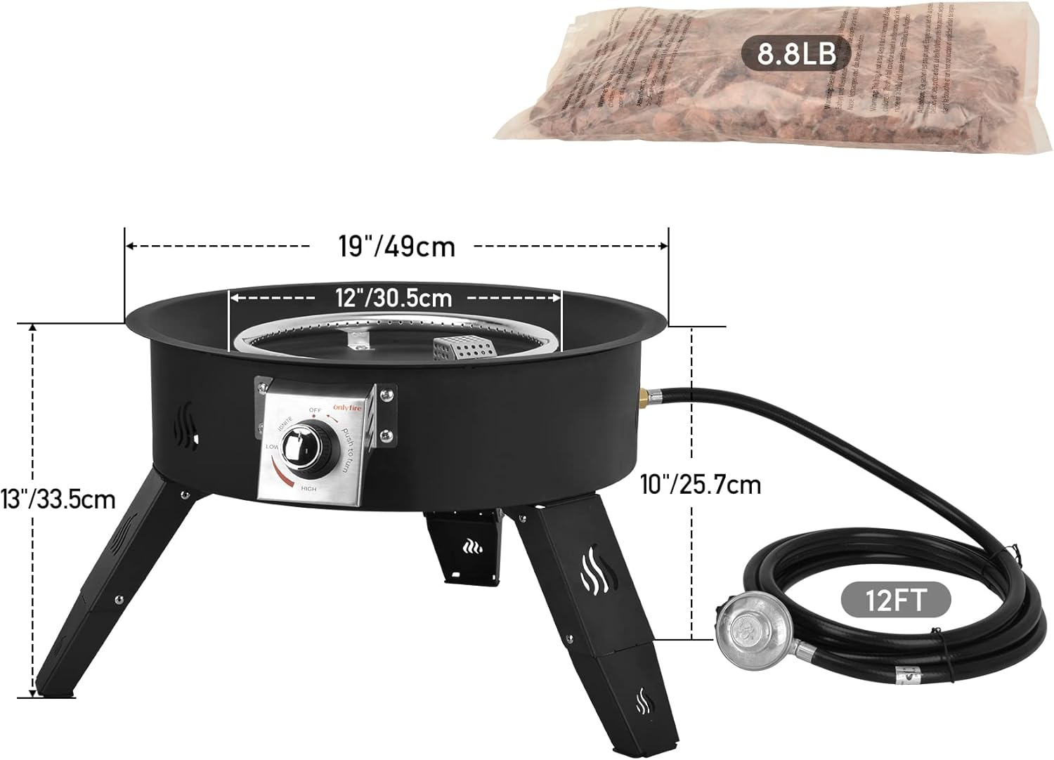 Onlyfire Outdoor Propane Fire Pit - 19 Inch Portable Height Adjustable Gas Firebowl with 8.8 Lbs Lava Rocks - Smokeless Firepit for Camping Bonfire Picnic Backyard - 58,000 BTU Auto-Ignition
