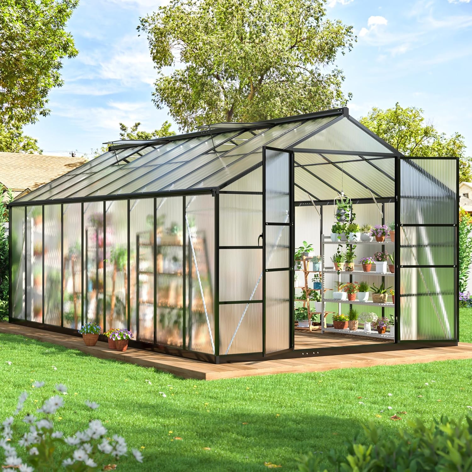 Polar Aurora 10X18 FT Polycarbonate Greenhouse for Outdoors, Walk-in Aluminum Green House with Quick Setup Structure and Roof Vent for Outside Garden Backyard, Black