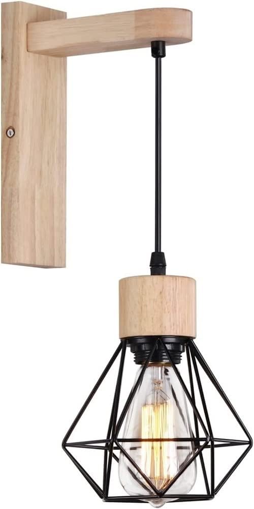 ANALYST Wall Lamp Retro Black Wire Cage Wood Hanging Wall Sconce Industrial Wall Light Farmhouse Lighting Fixture for Living Room Bedroom Bedside Stairs Hallway, E27 Socket,Modern Wall Sconces