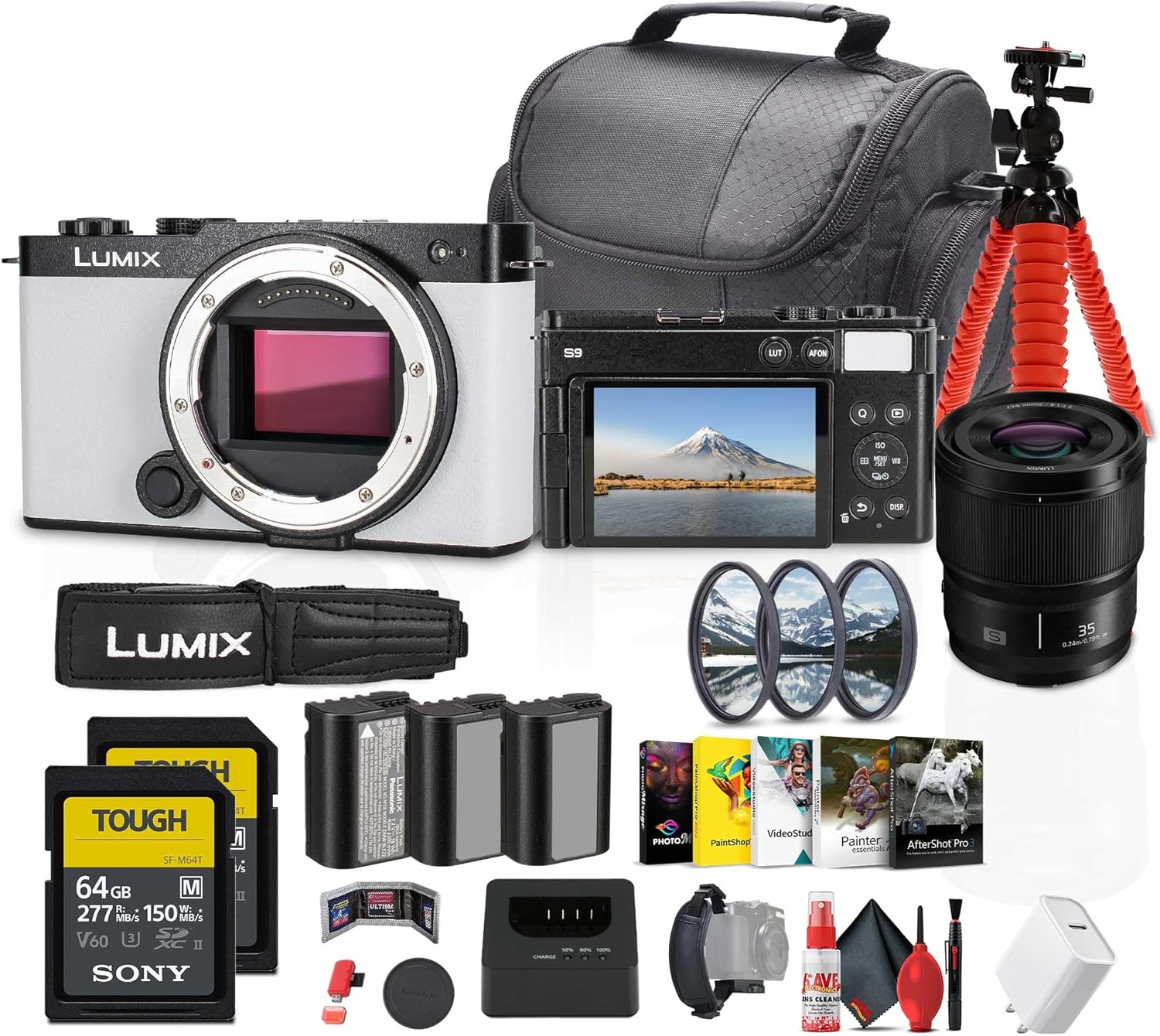 Panasonic Lumix S9 Mirrorless Camera in White (DC-S9GD-W) Bundle Including: Panasonic S 35mm f/1.8 Lens, 2X 64 GB Memory Card, 2X Rechargeable Battery, 3-Piece Filter Kit, Battery Charger, More