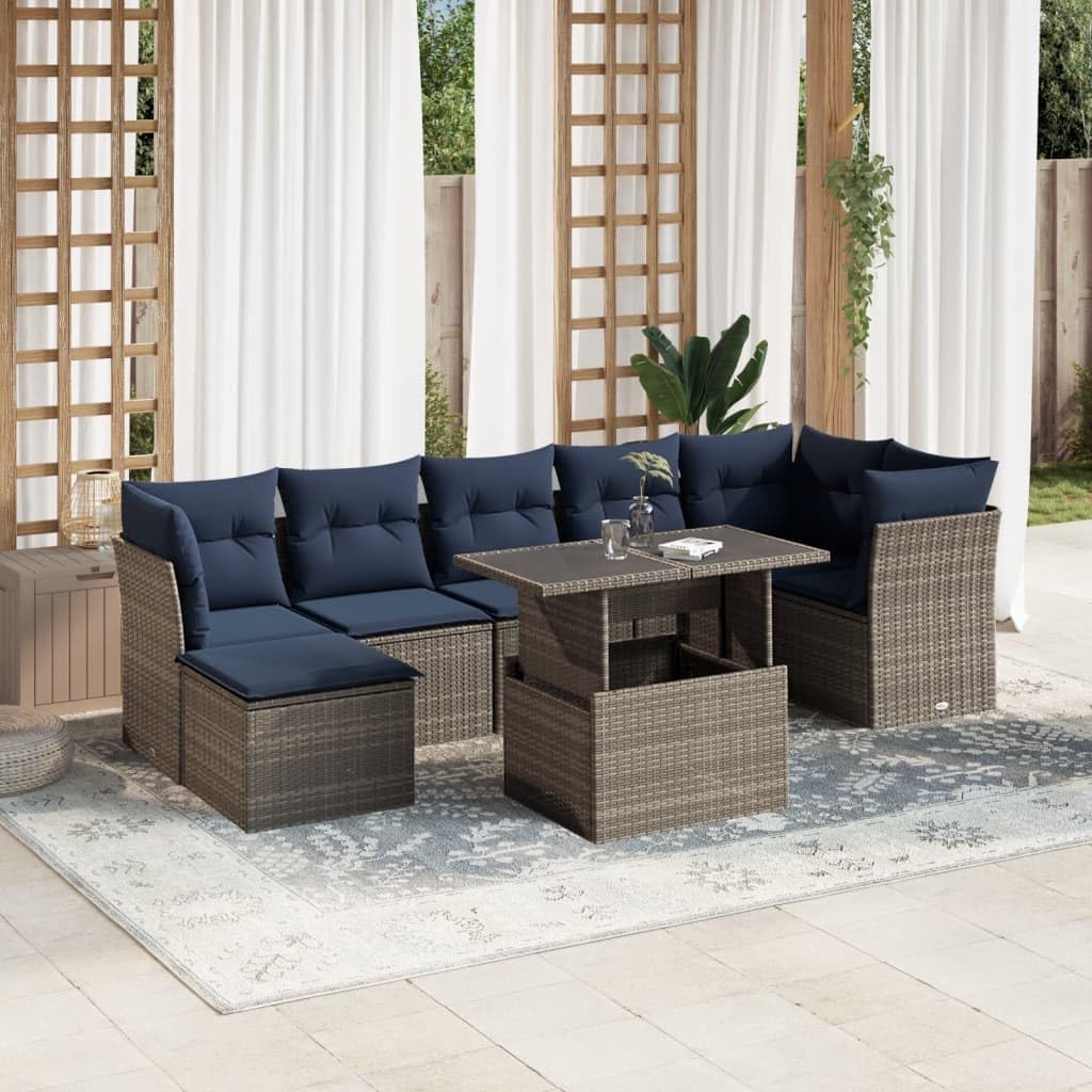 8 Piece Garden Sofa Set with Cushions, Grey Poly Rattan Outdoor Patio Furniture, Modular Design with Adjustable Dining Table, UV Resistant for Backyard