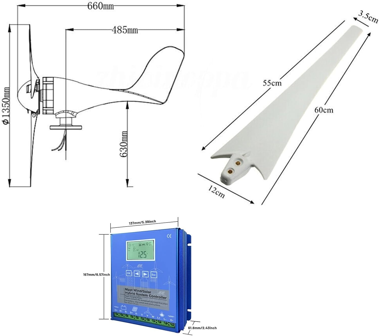 3000W Wind Turbine Generator 12V 24V 48V Windmill With MPPT Controller Power Supply Kit Solar Complementary Permanent Magnet Wind Turbine Generator Home Project Use Street Lighting ( Color : 48V )