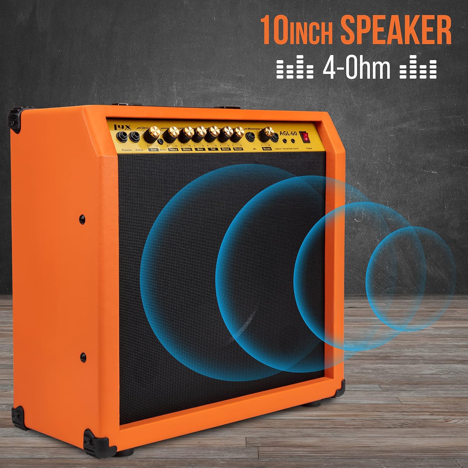 LyxPro 60 Watt Electric Guitar Amplifier | Combo Solid State Studio & Stage Amp with 10” 4-Ohm Speaker, Custom EQ Controls, Drive, Delay, ¼” Passive/Active/Mic Inputs, Aux In & Headphone Jack - Burst