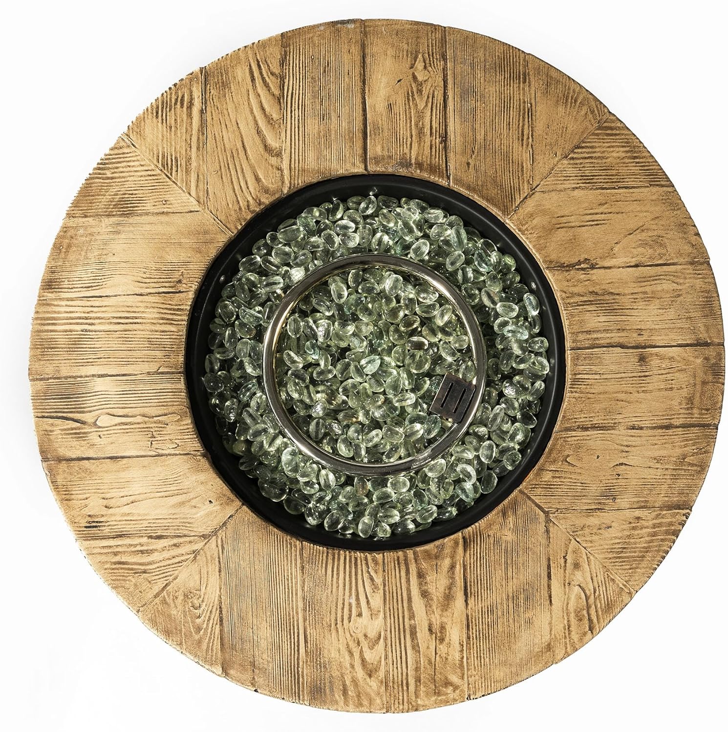 30 inch Round Propane Fire Pit Table, 50,000 BTU Lightweight Outdoor Firepit with Faux Wood Grain Tabletop & Glass Stones, Includes Rain Cover - ETL Certified for Patio, Deck, Backyard