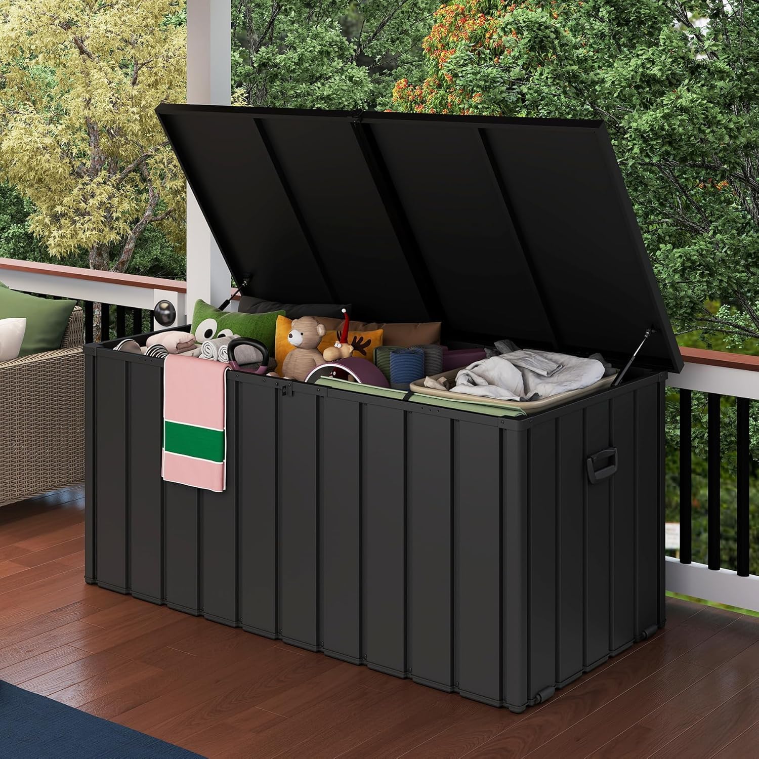 200 Gallon Storage Deck Box: Outdoor Storage Box & Waterproof Storage Cabinet for Patio Furniture, Garden Tools - Lockable Lid, Hydraulic Rods, Mobility Rollers, as Bench Seat. (Dark Gray)