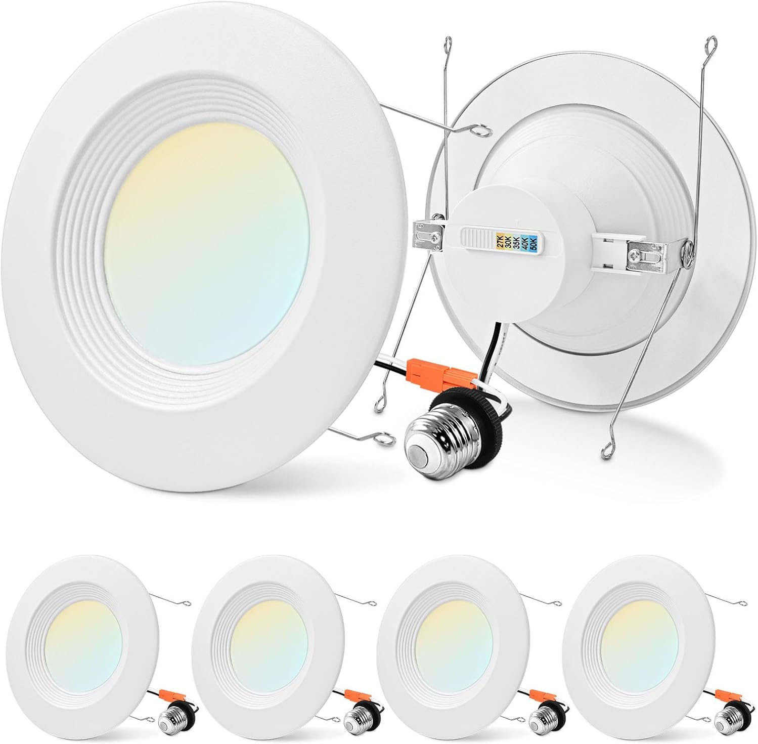 LUXRITE 5/6 Inch Retrofit LED Recessed Lighting, 17W=90W, 1500LM, 5CCT Color Selectable 2700K | 3000K | 3500K | 4000K | 5000K, Dimmable Can Light, CRI 90, Wet Rated, Energy Star, Baffle Trim (4 Pack)