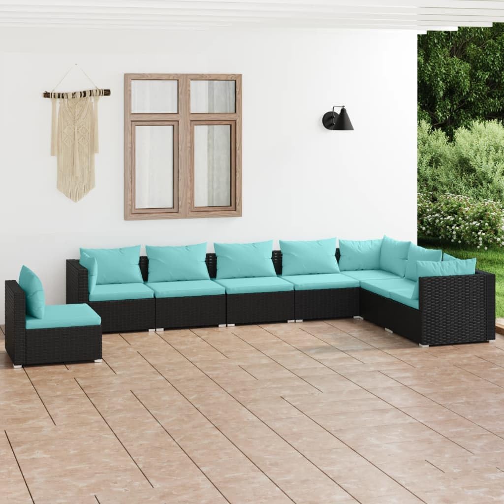 8 Piece Patio Lounge Set with Cushions Poly Rattan Black,Enhance Your Outdoor Living: Modular Patio Lounge Set in Water Blue Patio Furniture, Outdoor Furniture Sets