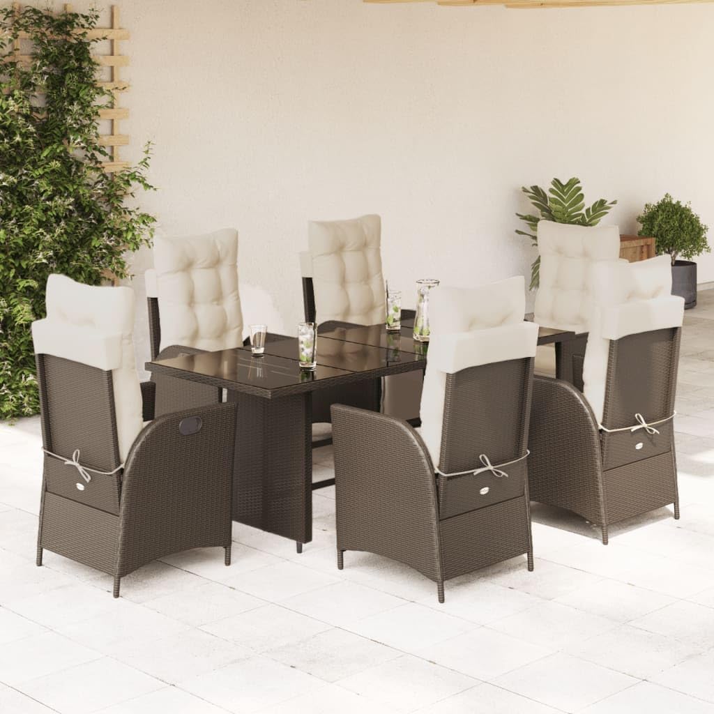 7 Piece Patio Dining Set with Cushions Brown Poly Rattan,Outdoor Rattan Dining Set with Adjustable Reclining Chairs and Tempered Glass Table Furniture Sets for Patio, Lawn & Garden